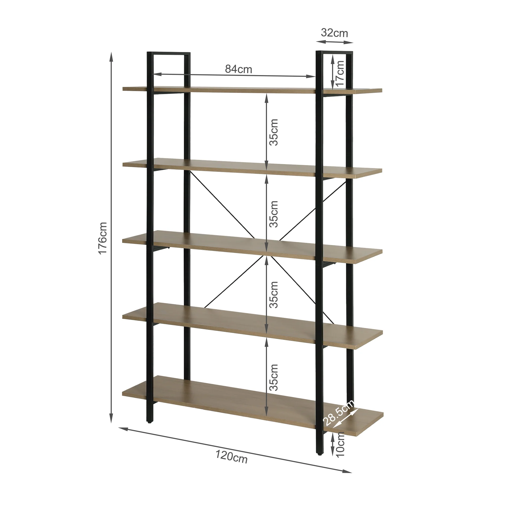Forge 5 Tier Bookshelf - Light Grey Wood - Image 12