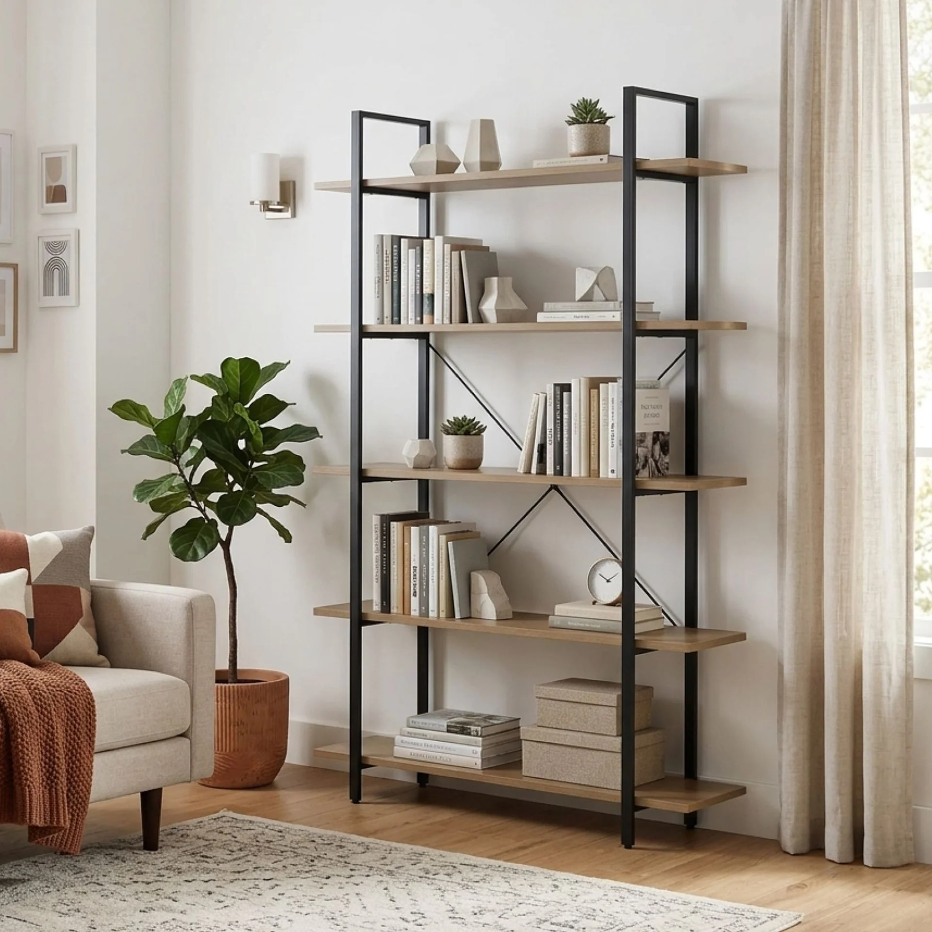Forge 5 Tier Bookshelf - Light Grey Wood - Image 5