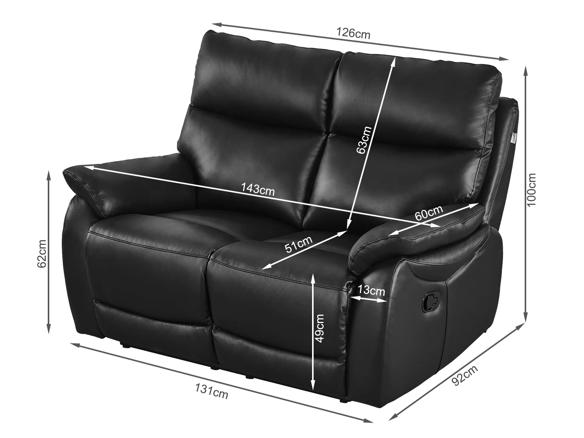 Foxton Full Leather 2 Seater Recliner Sofa - Black - Image 12