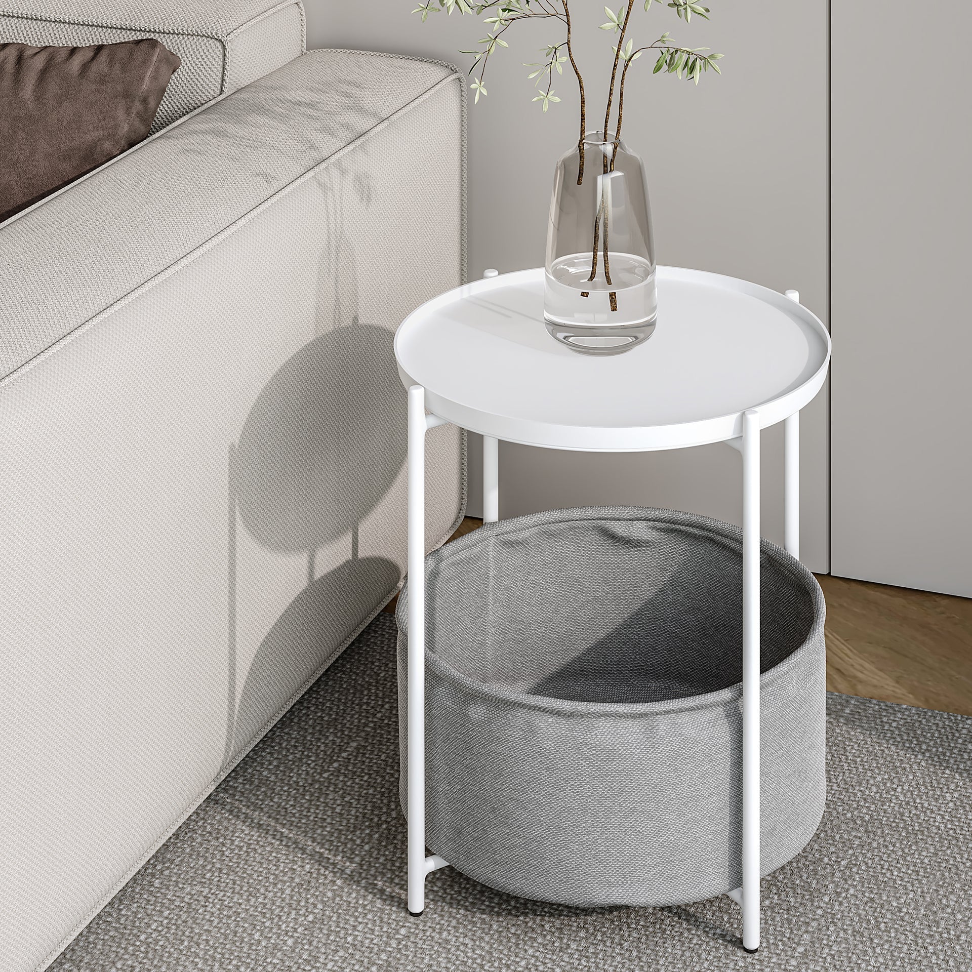 Francis Round Coffee Table with Storage - White + Grey
