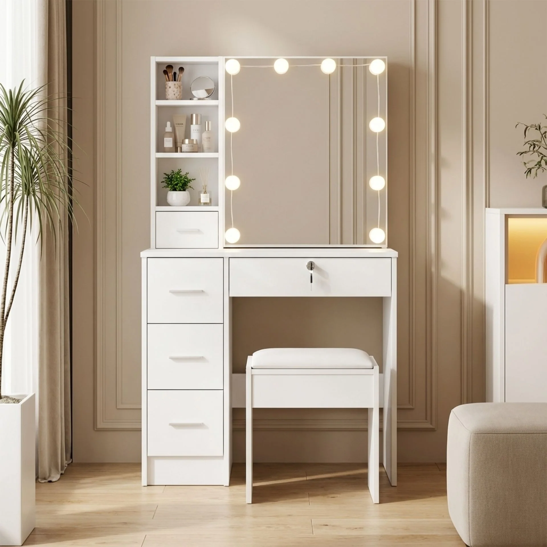 Freesia 2 Piece Dressing Table with Mirror & Stool Set - White - Image 2