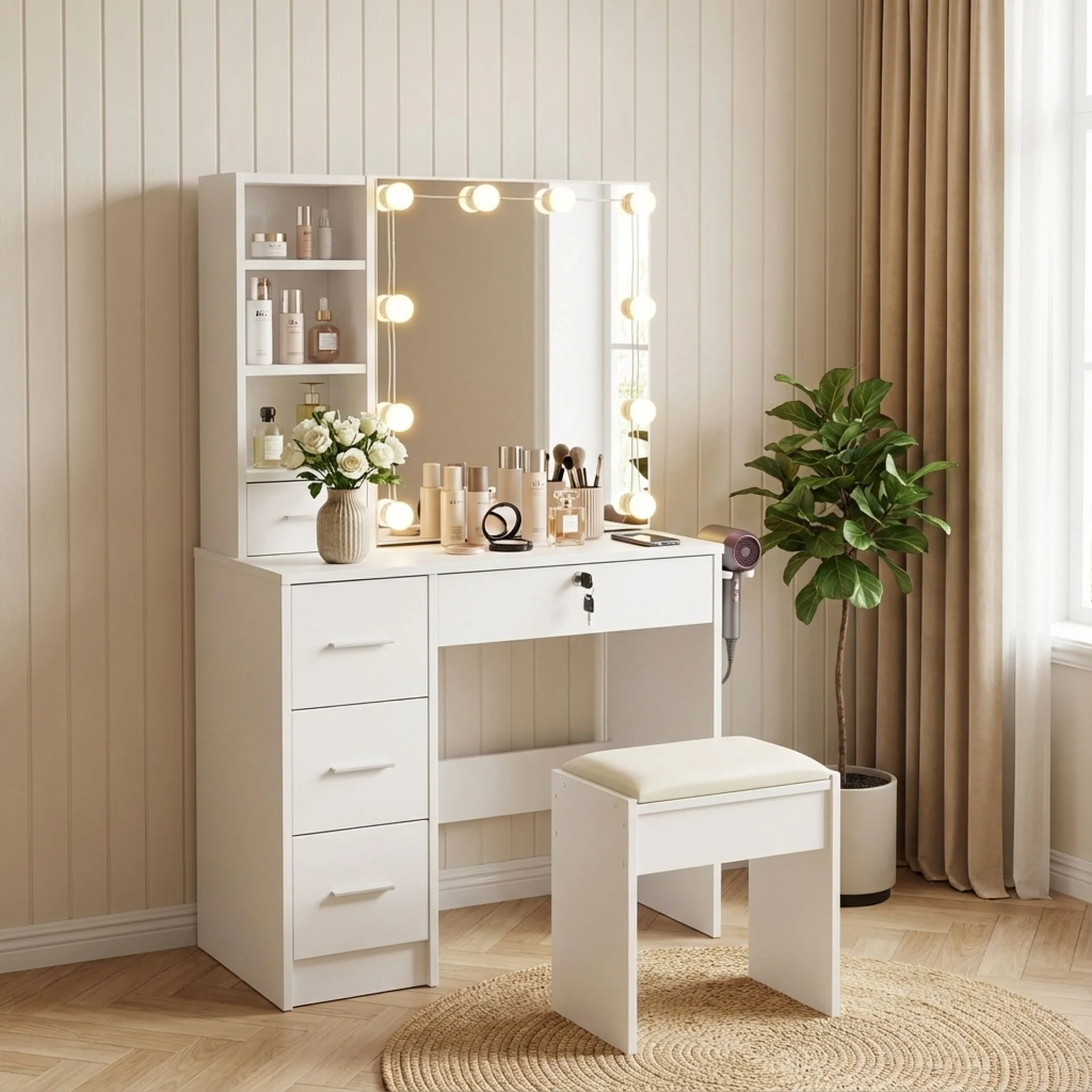 Freesia 2 Piece Dressing Table with Mirror & Stool Set - White - Image 3