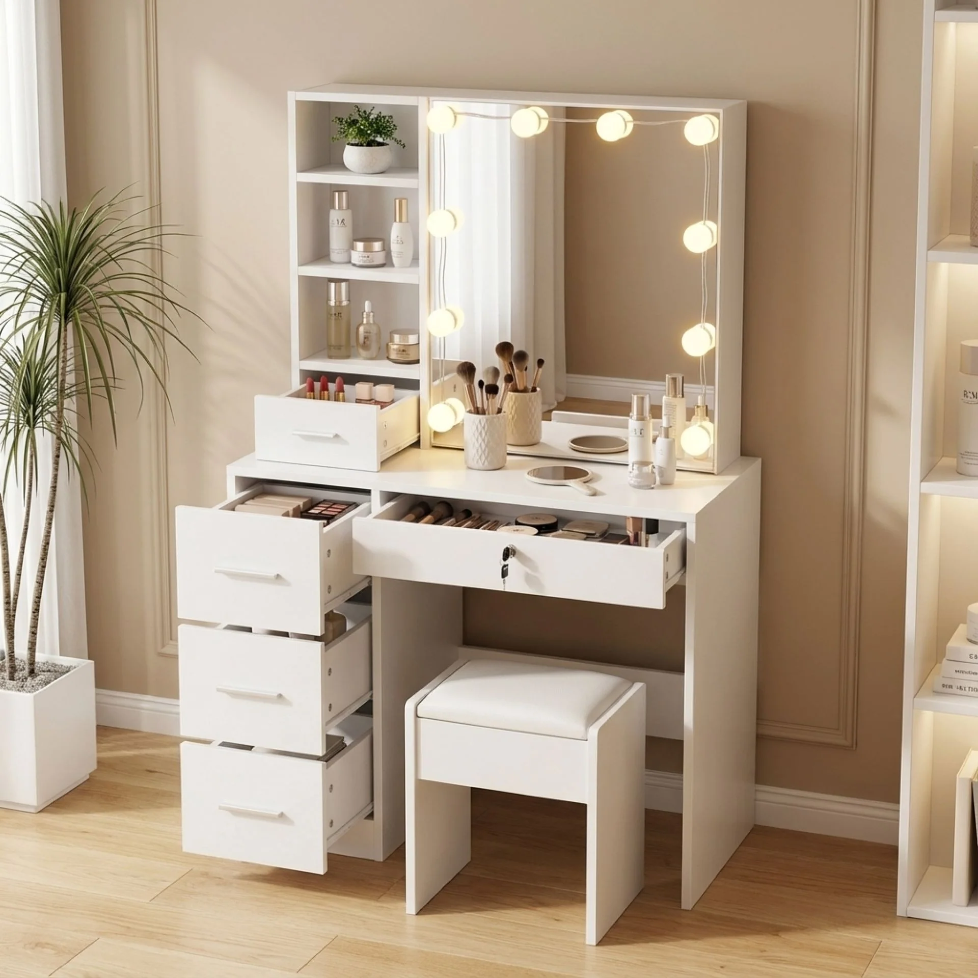 Freesia 2 Piece Dressing Table with Mirror & Stool Set - White - Image 4