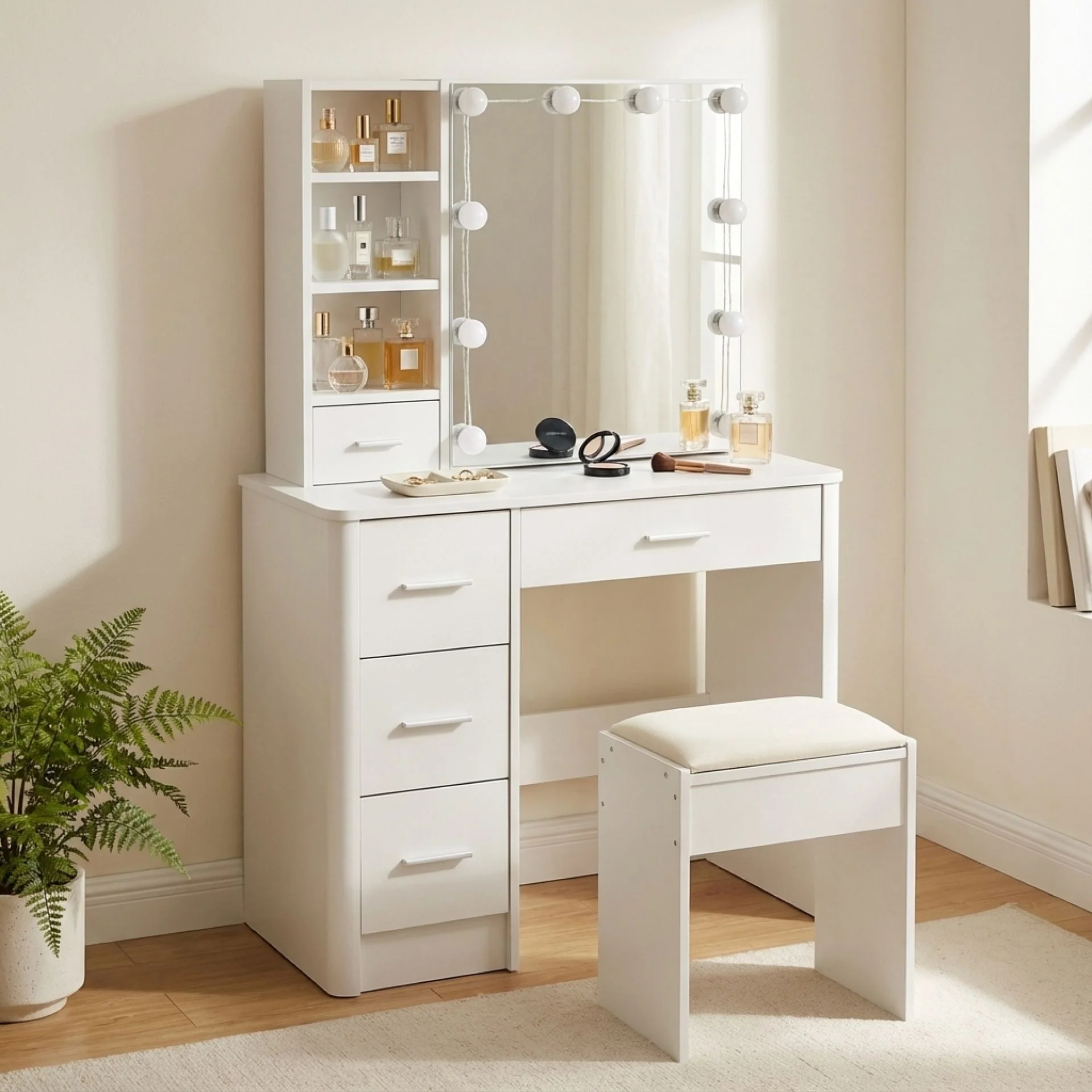 Freesia 2 Piece Dressing Table with Mirror & Stool Set - White - Image 5
