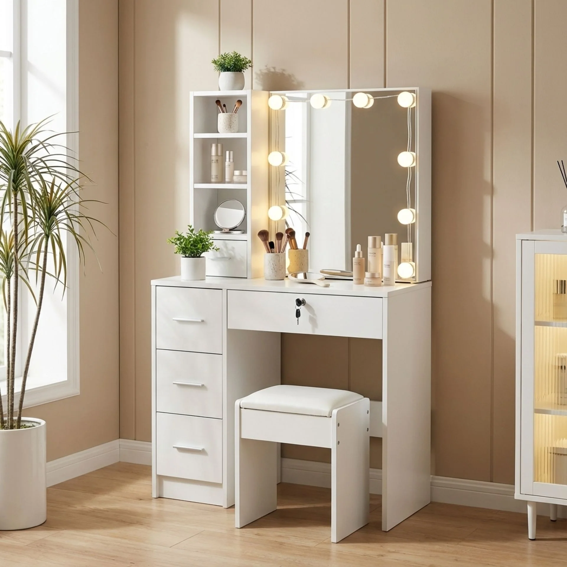 Freesia 2 Piece Dressing Table with Mirror & Stool Set - White - Image 6
