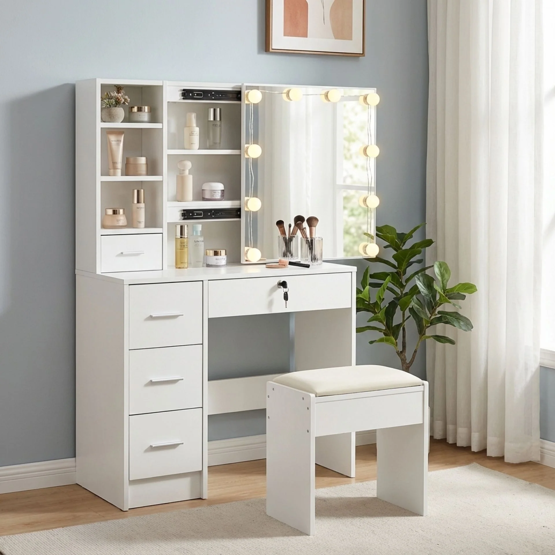 Freesia 2 Piece Dressing Table with Mirror & Stool Set - White - Image 7