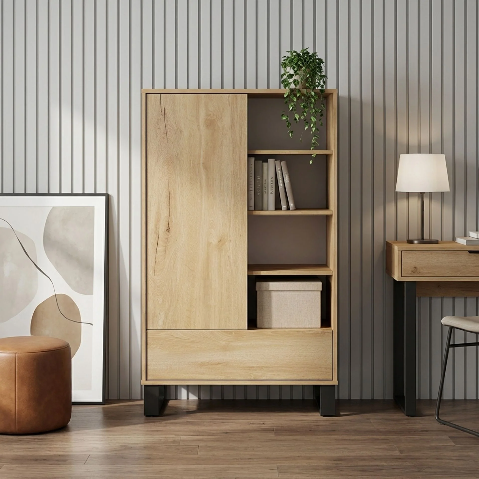 Frohna Bookshelf Cabinet with Drawer - Oak - Image 4