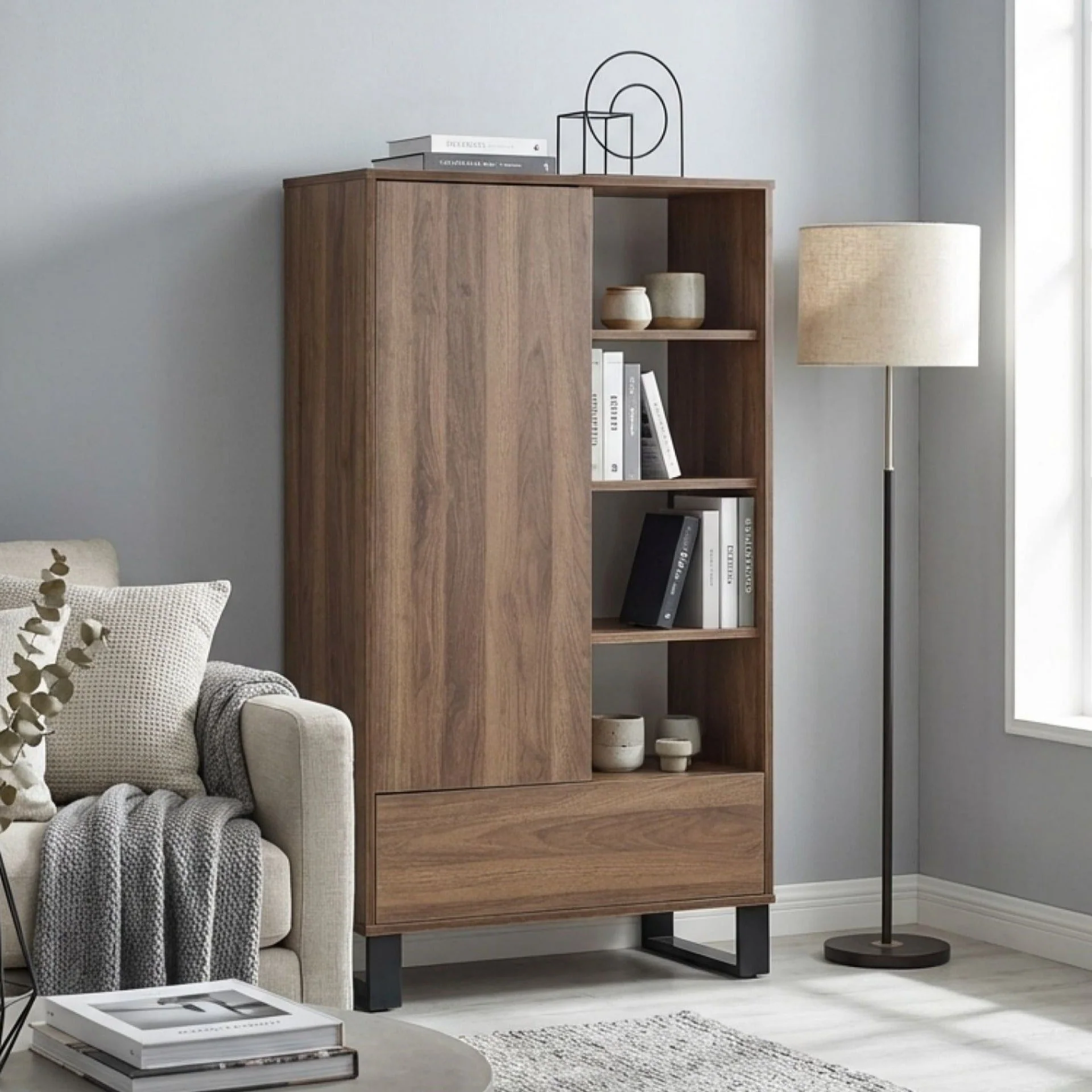 Frohna Bookshelf Cabinet with Drawer - Walnut