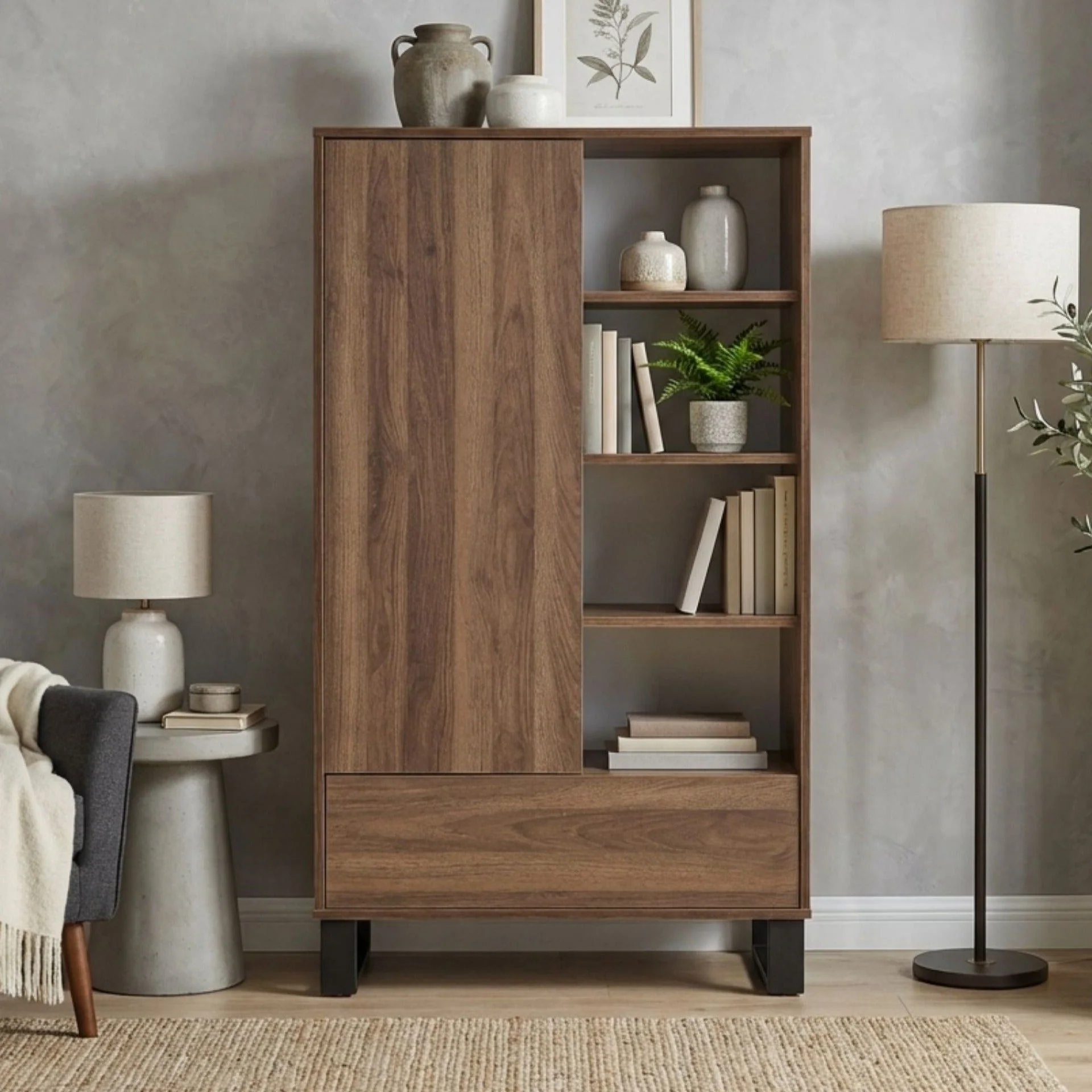 Frohna Bookshelf Cabinet with Drawer - Walnut - Image 6