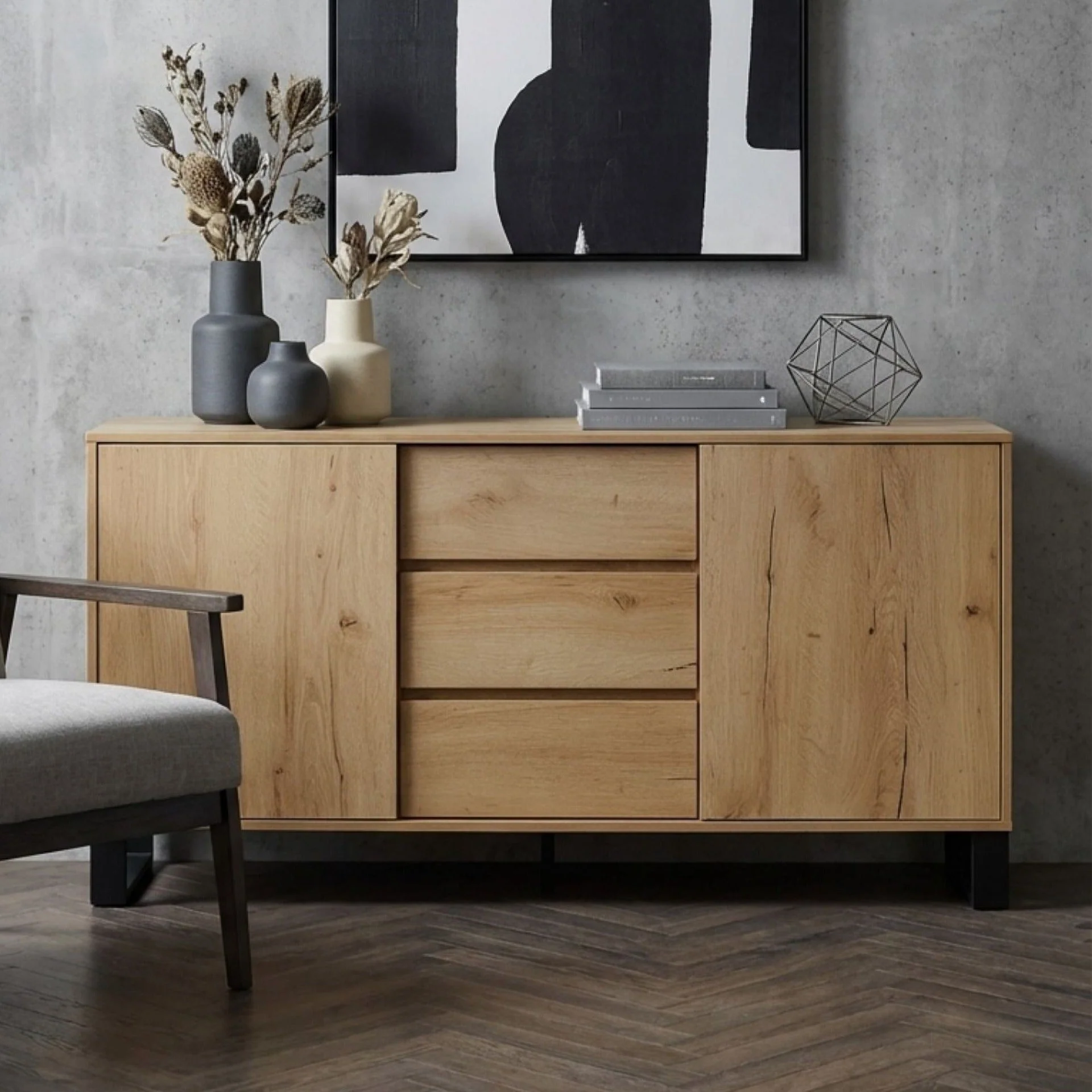 Frohna Sideboard Buffet Table with 3 Drawers - Oak - Image 4