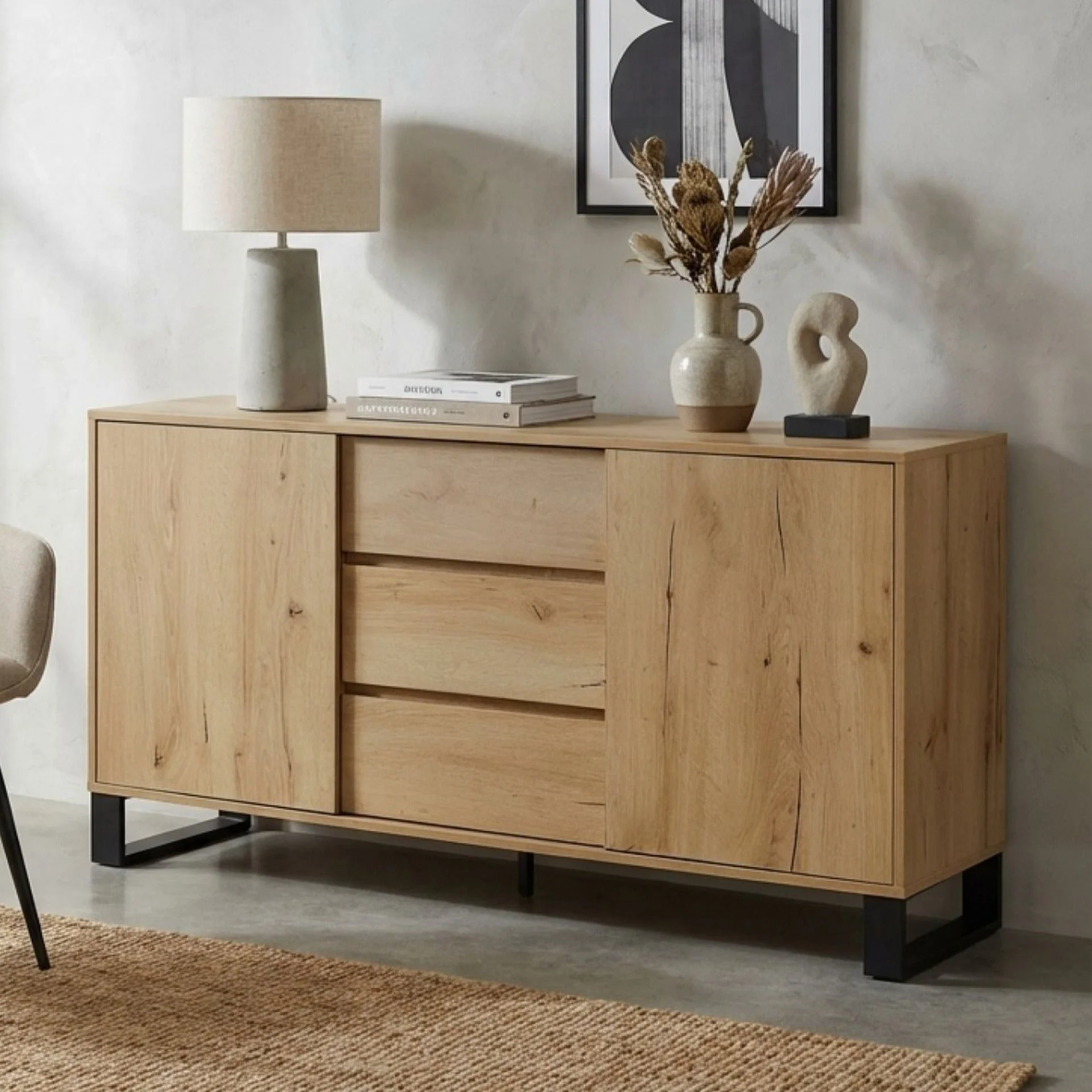Frohna Sideboard Buffet Table with 3 Drawers - Oak - Image 8