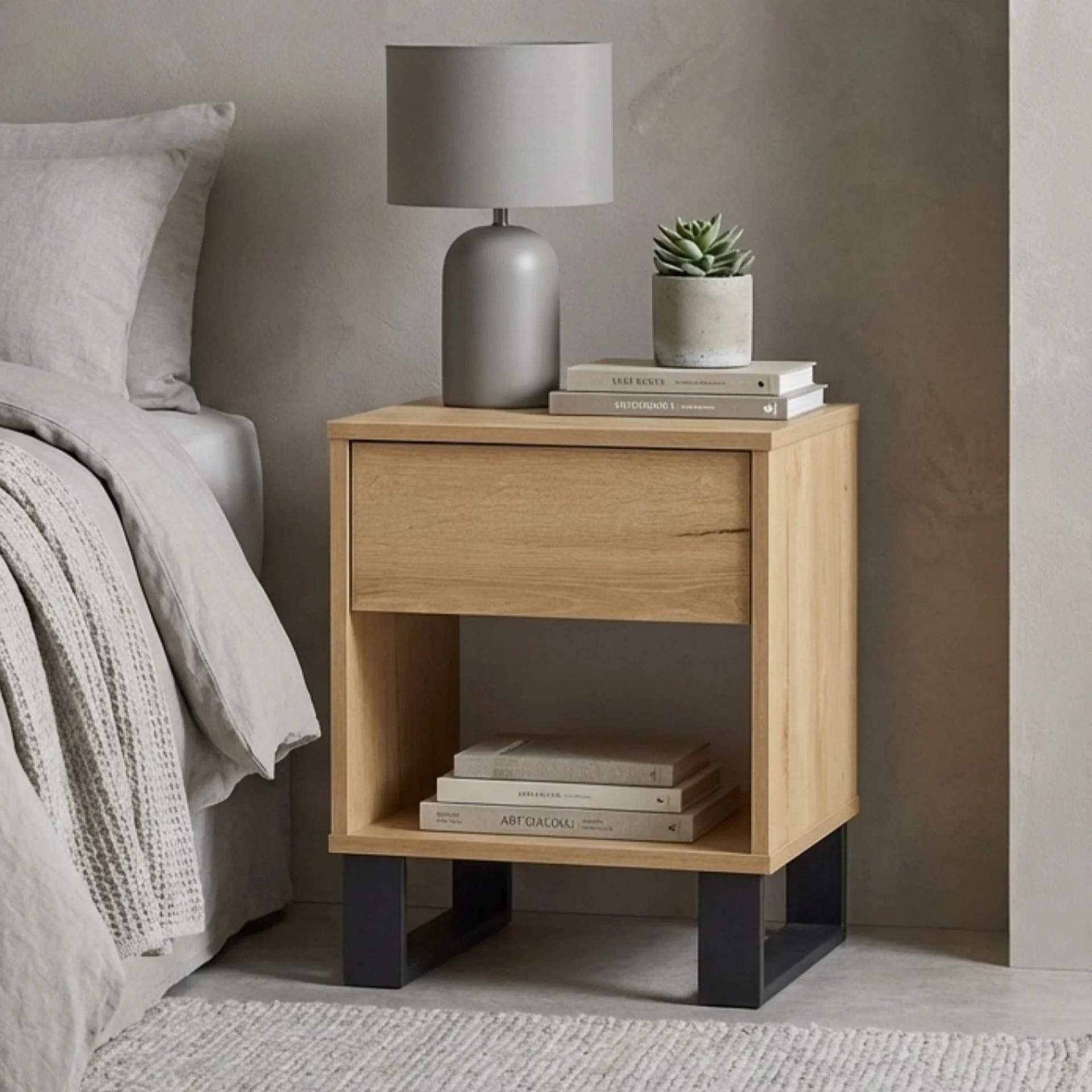 Frohna Wooden Bedside Table with 1 Drawer - Oak - Image 4