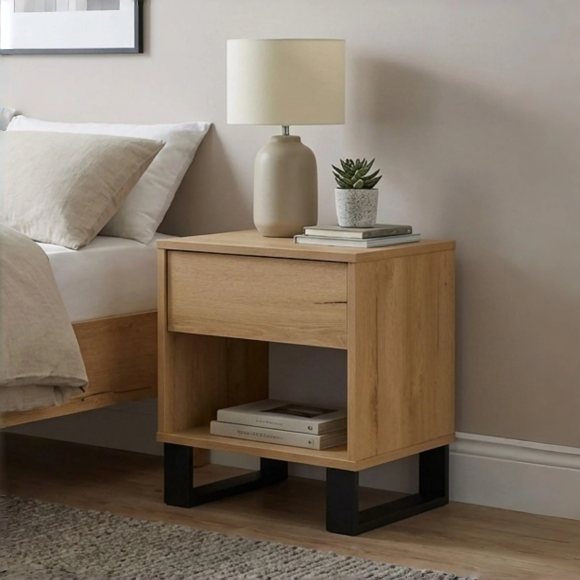 Frohna Wooden Bedside Table with 1 Drawer - Oak - Image 6