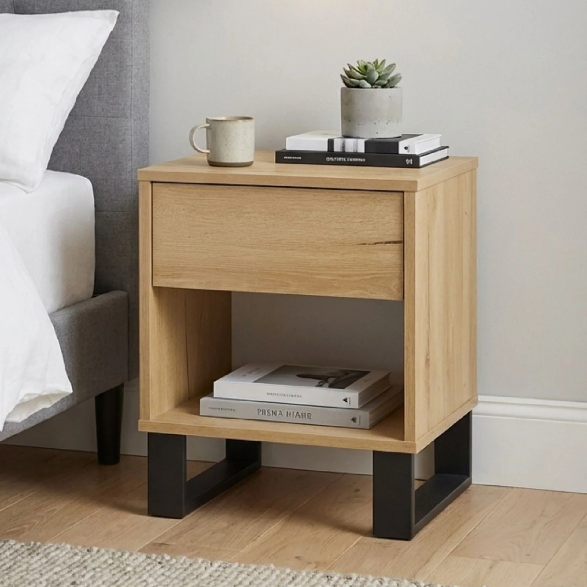Frohna Wooden Bedside Table with 1 Drawer - Oak - Image 8