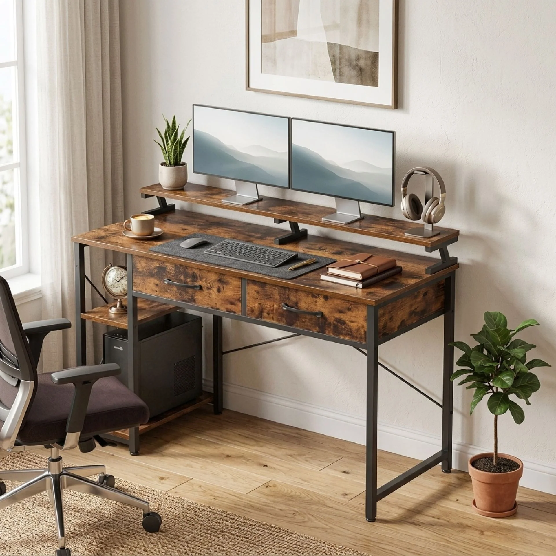 Gael 100cm Computer Desk with 2 Drawers - Rustic Brown
