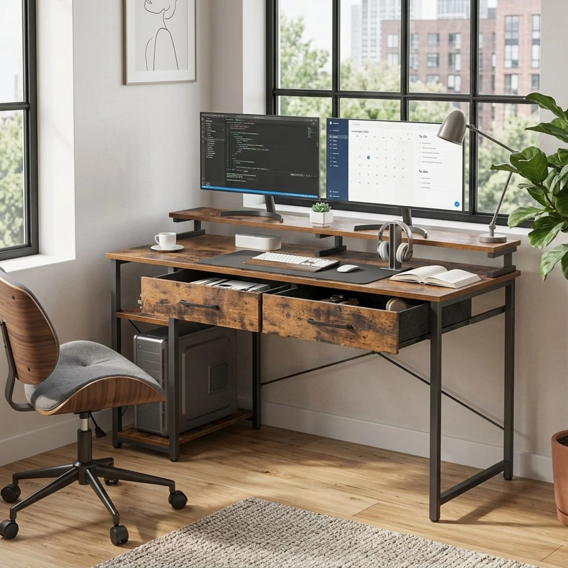 Gael 100cm Computer Desk with 2 Drawers - Rustic Brown - Image 2