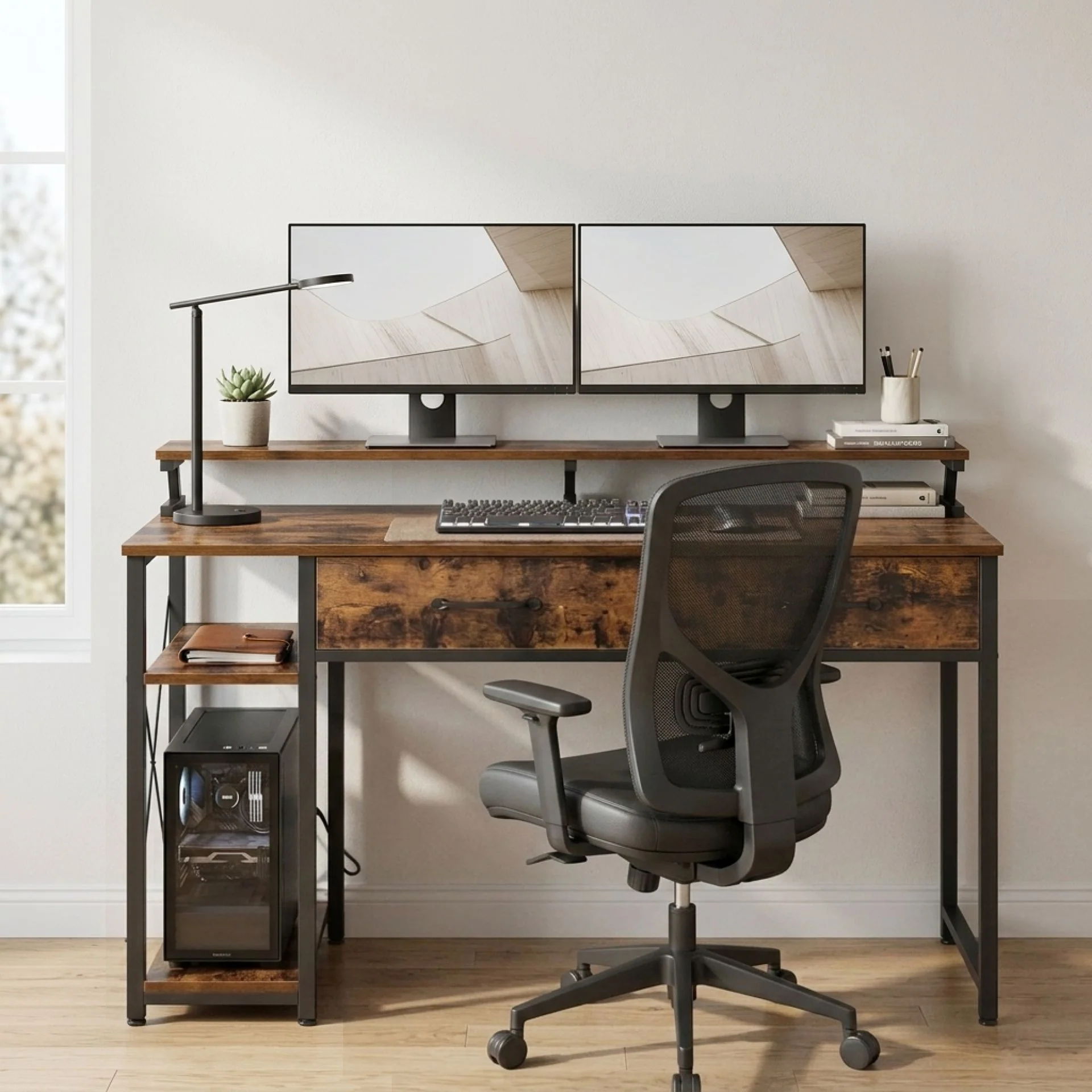 Gael 100cm Computer Desk with 2 Drawers - Rustic Brown - Image 3