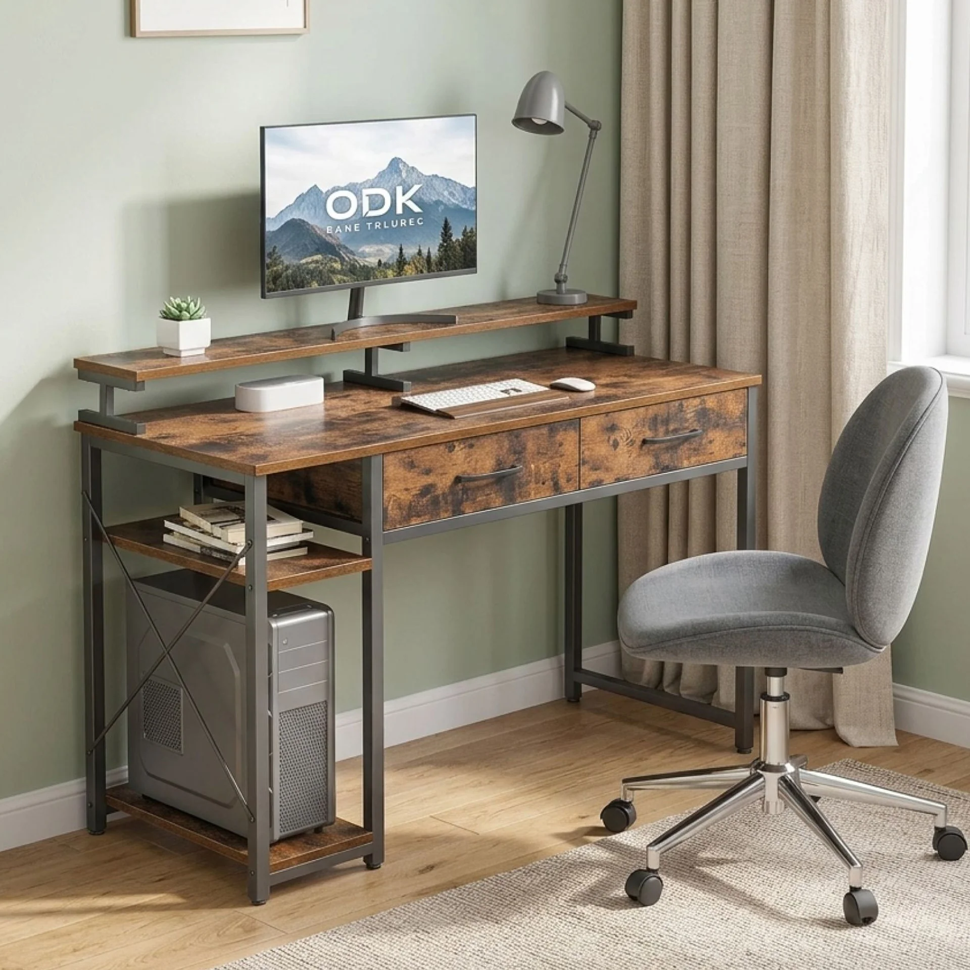 Gael 100cm Computer Desk with 2 Drawers - Rustic Brown - Image 4