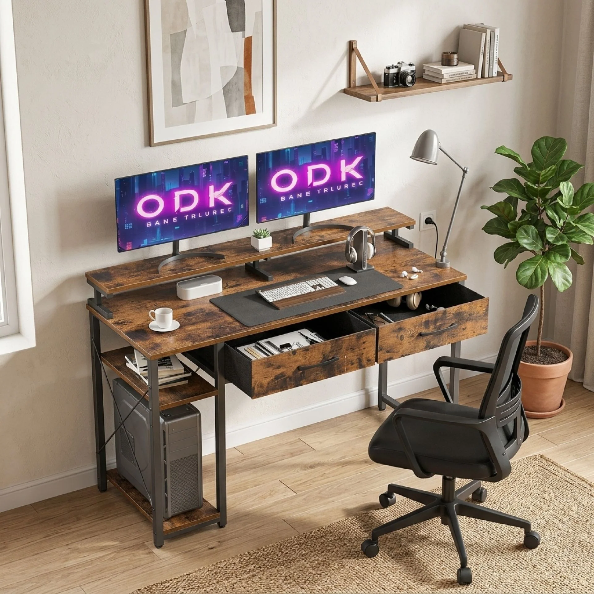 Gael 100cm Computer Desk with 2 Drawers - Rustic Brown - Image 5