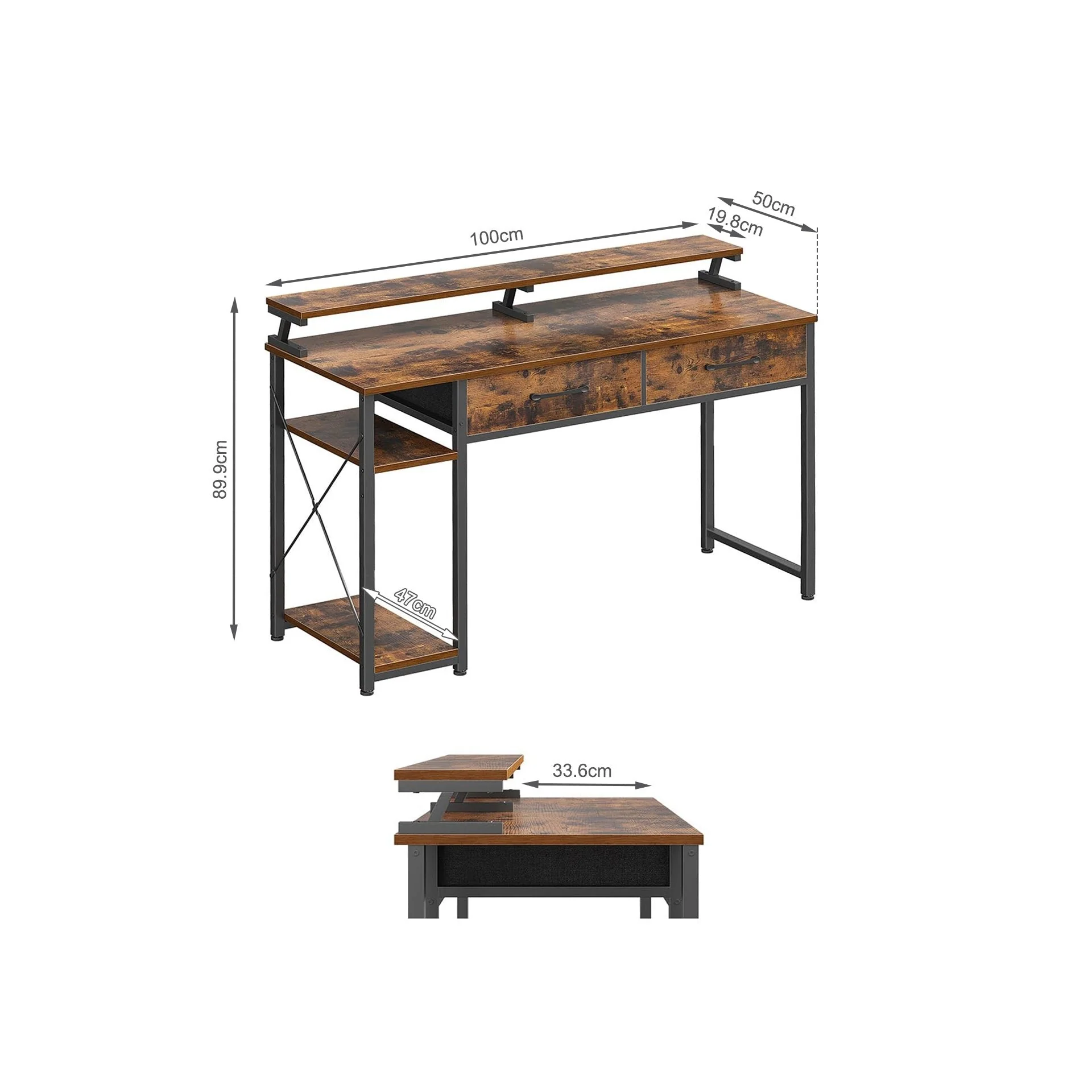Gael 100cm Computer Desk with 2 Drawers - Rustic Brown - Image 9