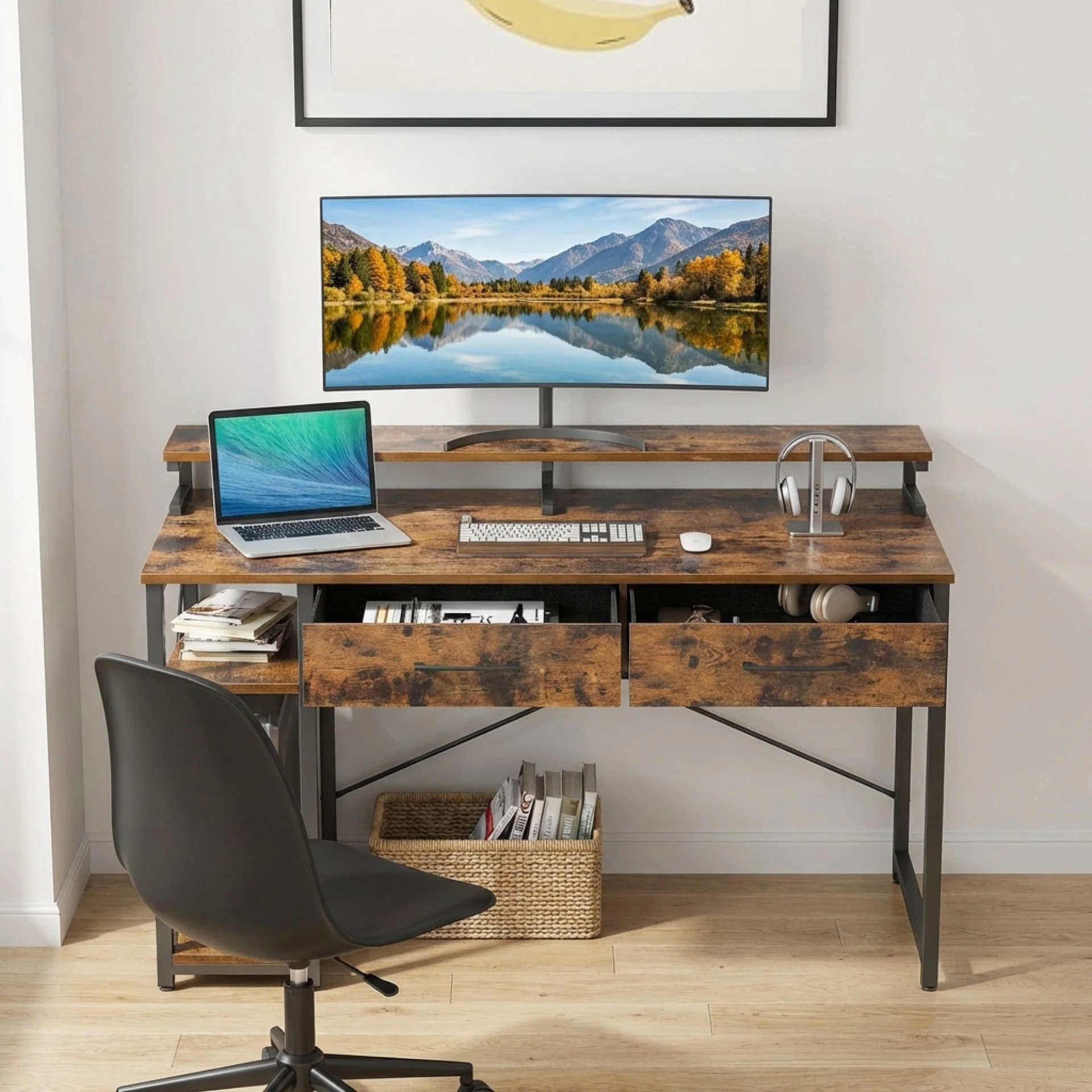 Gael 120cm Computer Desk with 2 Drawers - Rustic Brown - Image 3