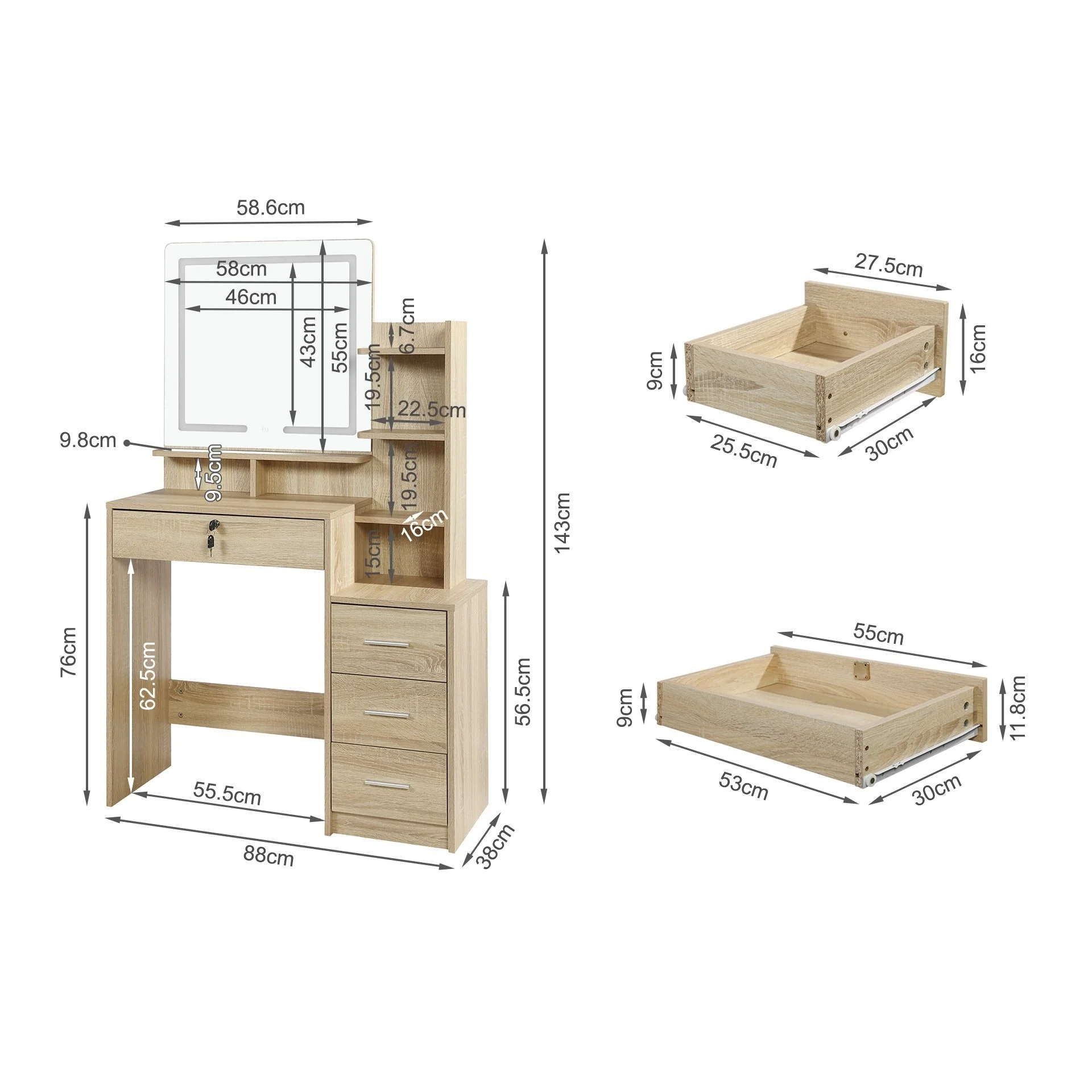 Gardenia 2 Piece Dressing Table with Mirror & Stool Set - Oak - Image 11