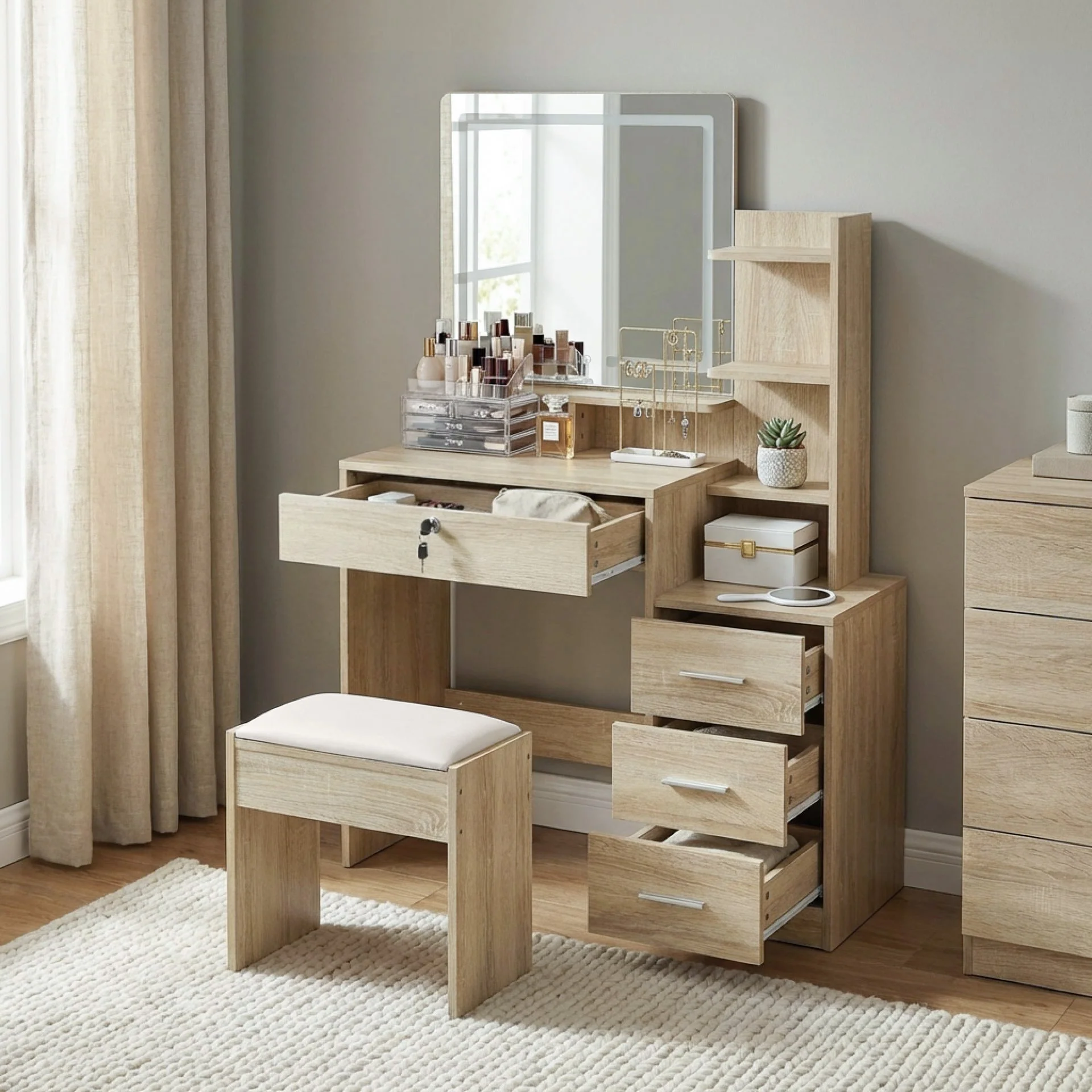 Gardenia 2 Piece Dressing Table with Mirror & Stool Set - Oak - Image 2