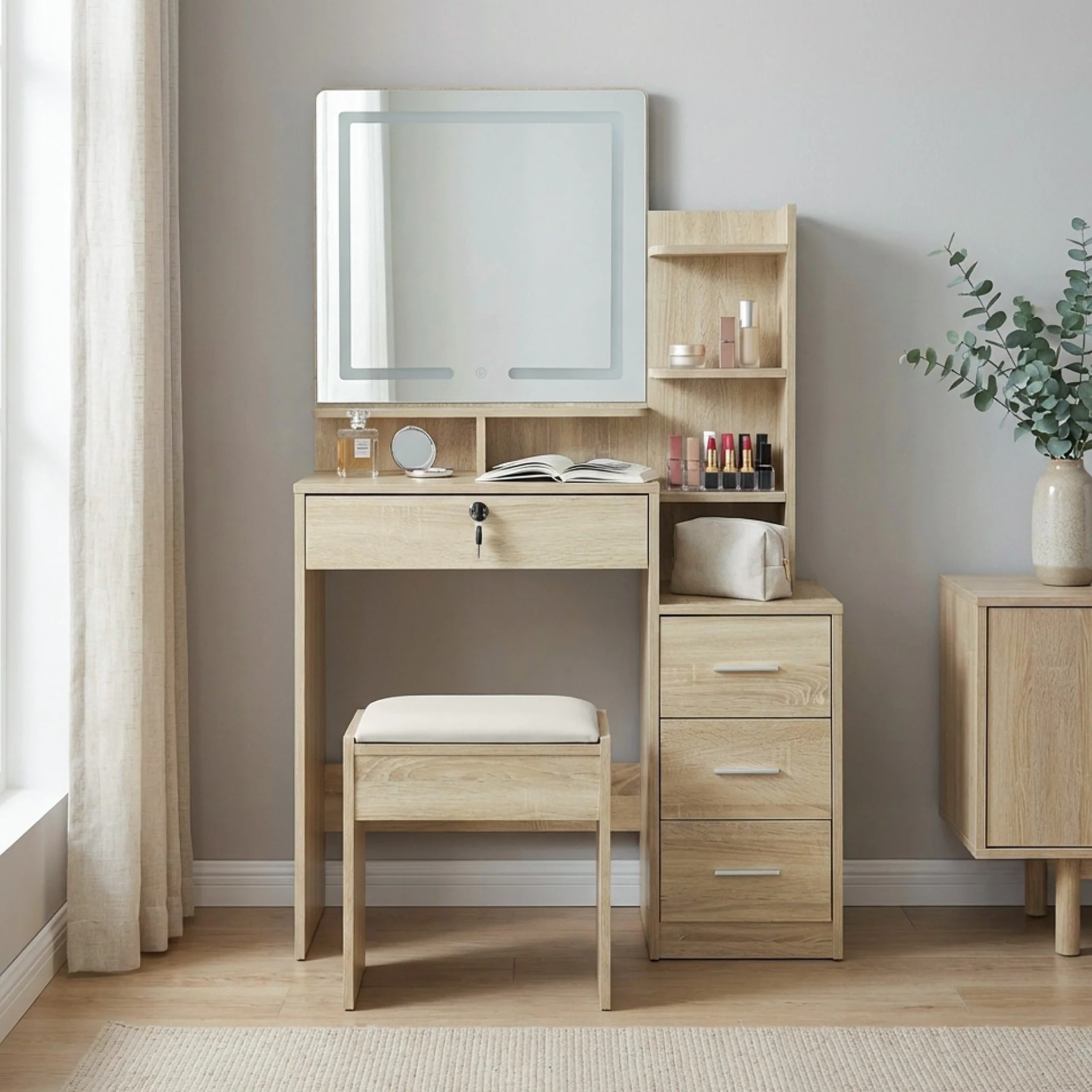 Gardenia 2 Piece Dressing Table with Mirror & Stool Set - Oak - Image 3