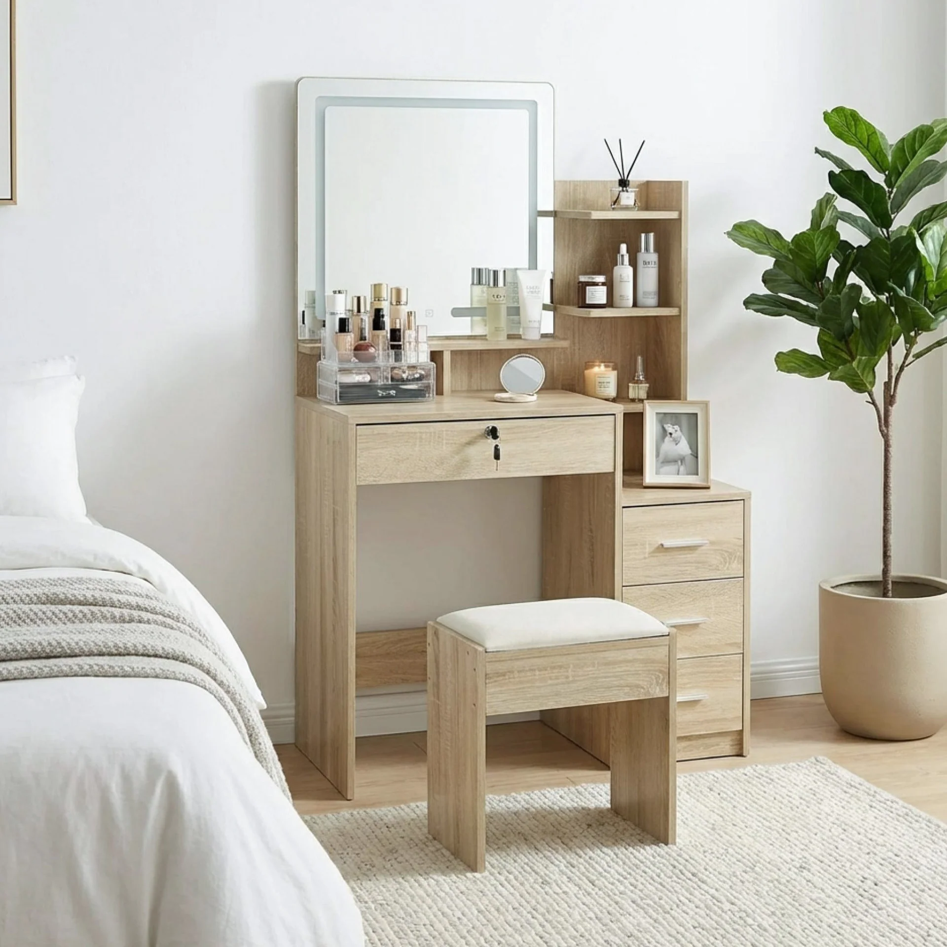 Gardenia 2 Piece Dressing Table with Mirror & Stool Set - Oak - Image 4