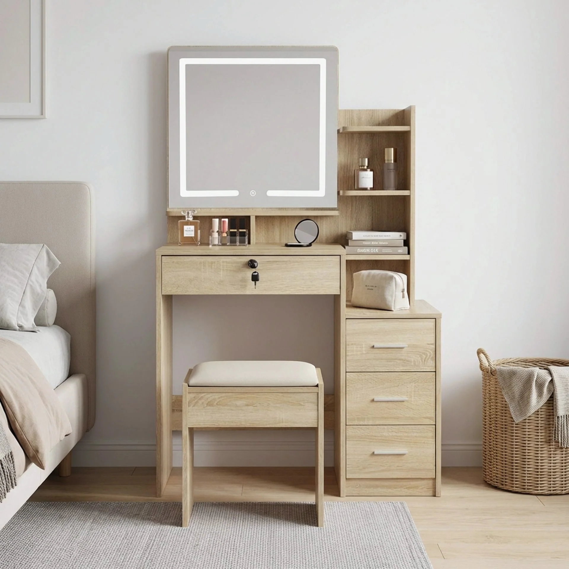 Gardenia 2 Piece Dressing Table with Mirror & Stool Set - Oak - Image 5