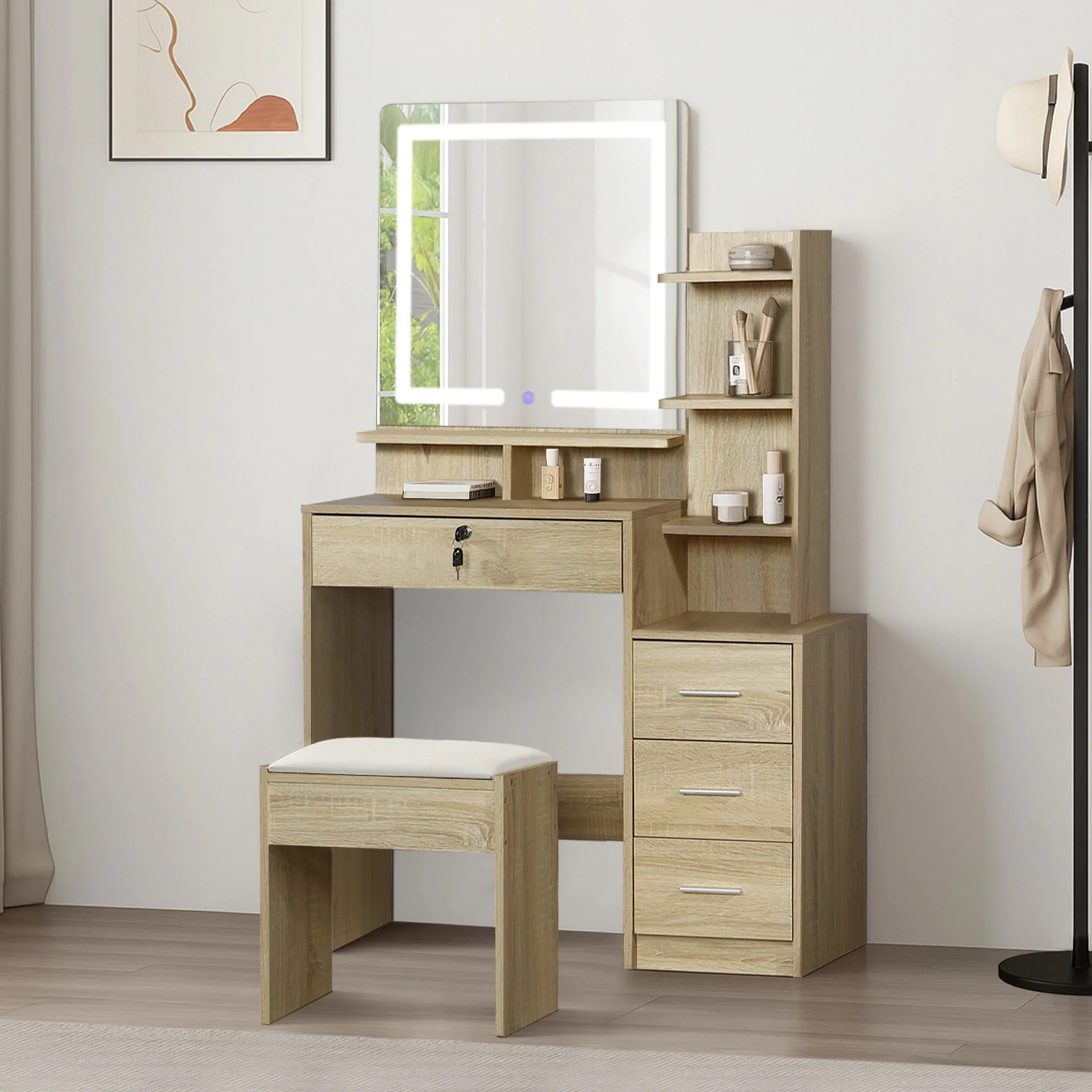 Gardenia 2 Piece Dressing Table with Mirror & Stool Set - Oak - Image 6