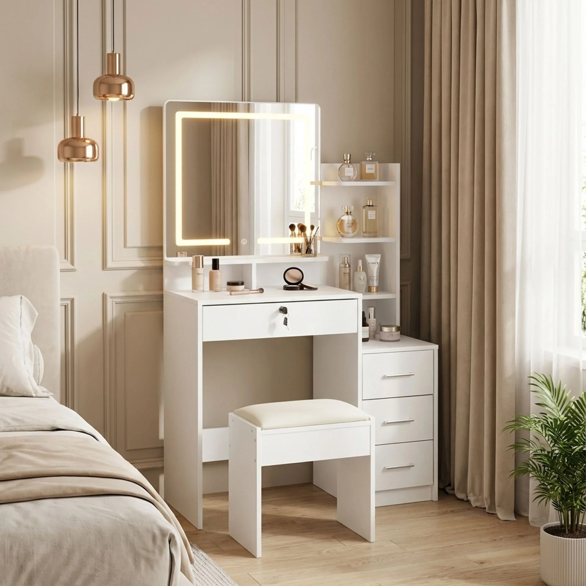 Gardenia 2 Piece Dressing Table with Mirror & Stool Set - White - Image 3