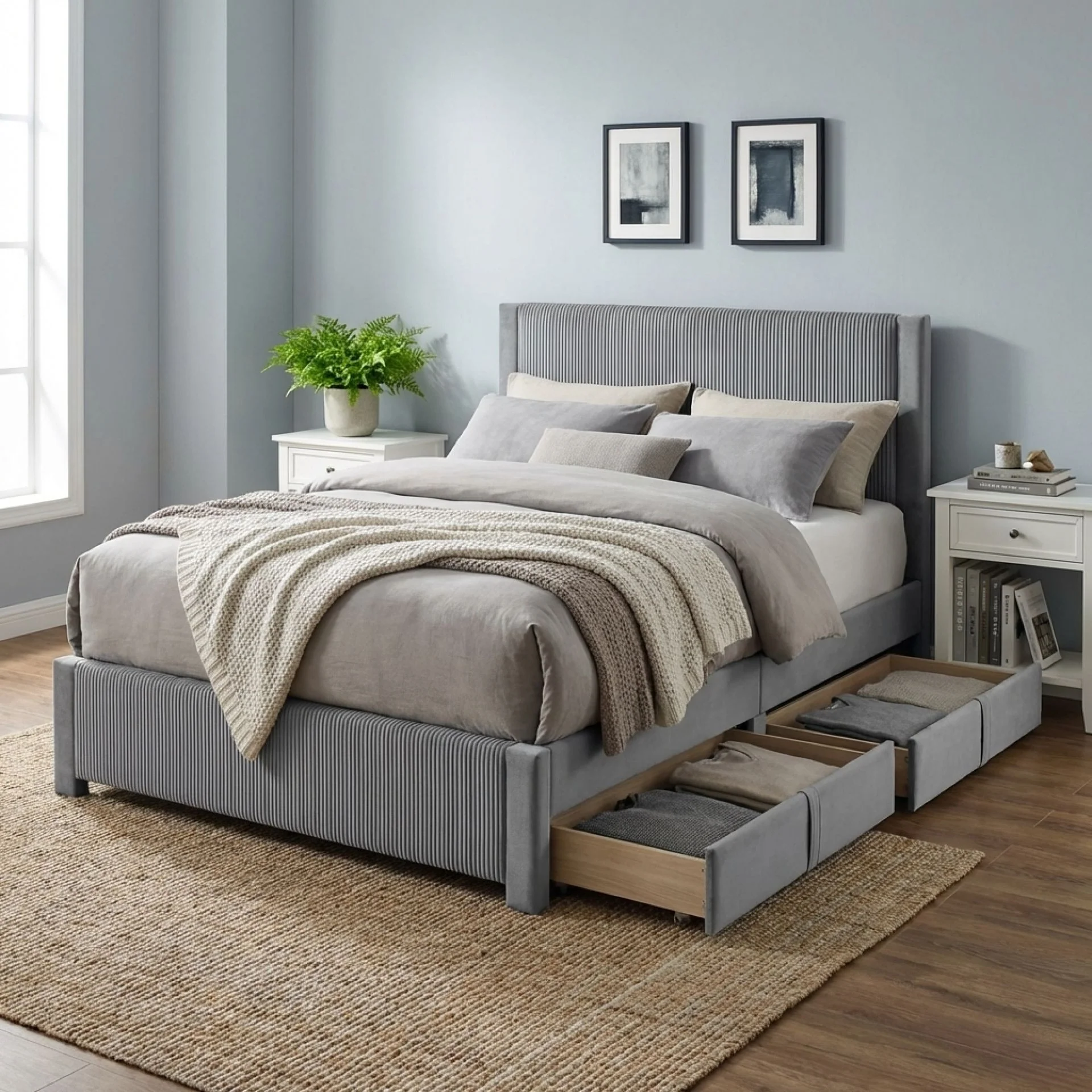 Gower Velevt Double Bed Frame with 4 Drawers - Grey