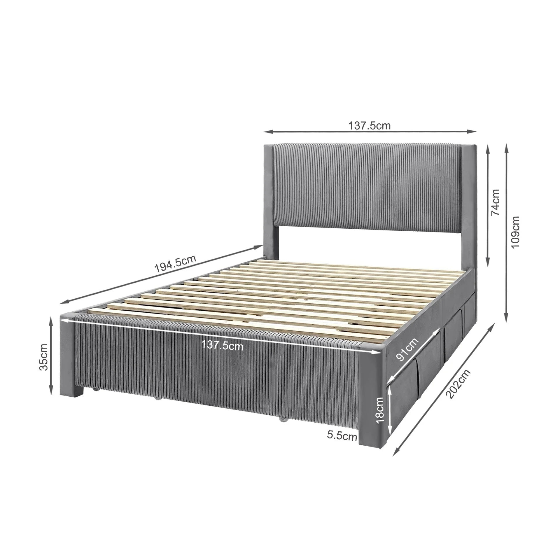 Gower Velevt Double Bed Frame with 4 Drawers - Grey - Image 16