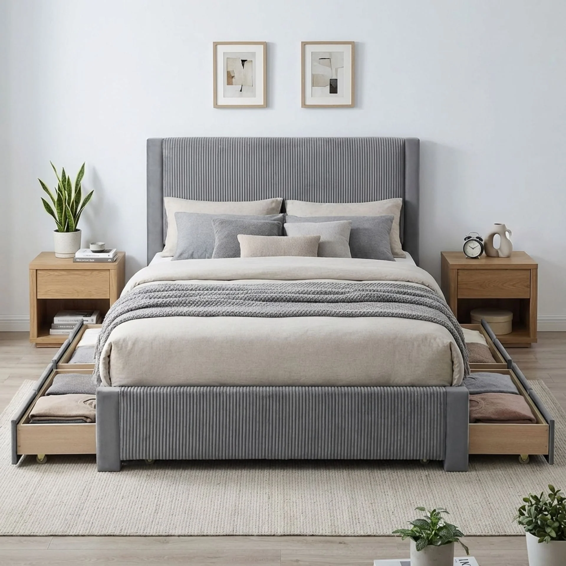 Gower Velevt Double Bed Frame with 4 Drawers - Grey - Image 5