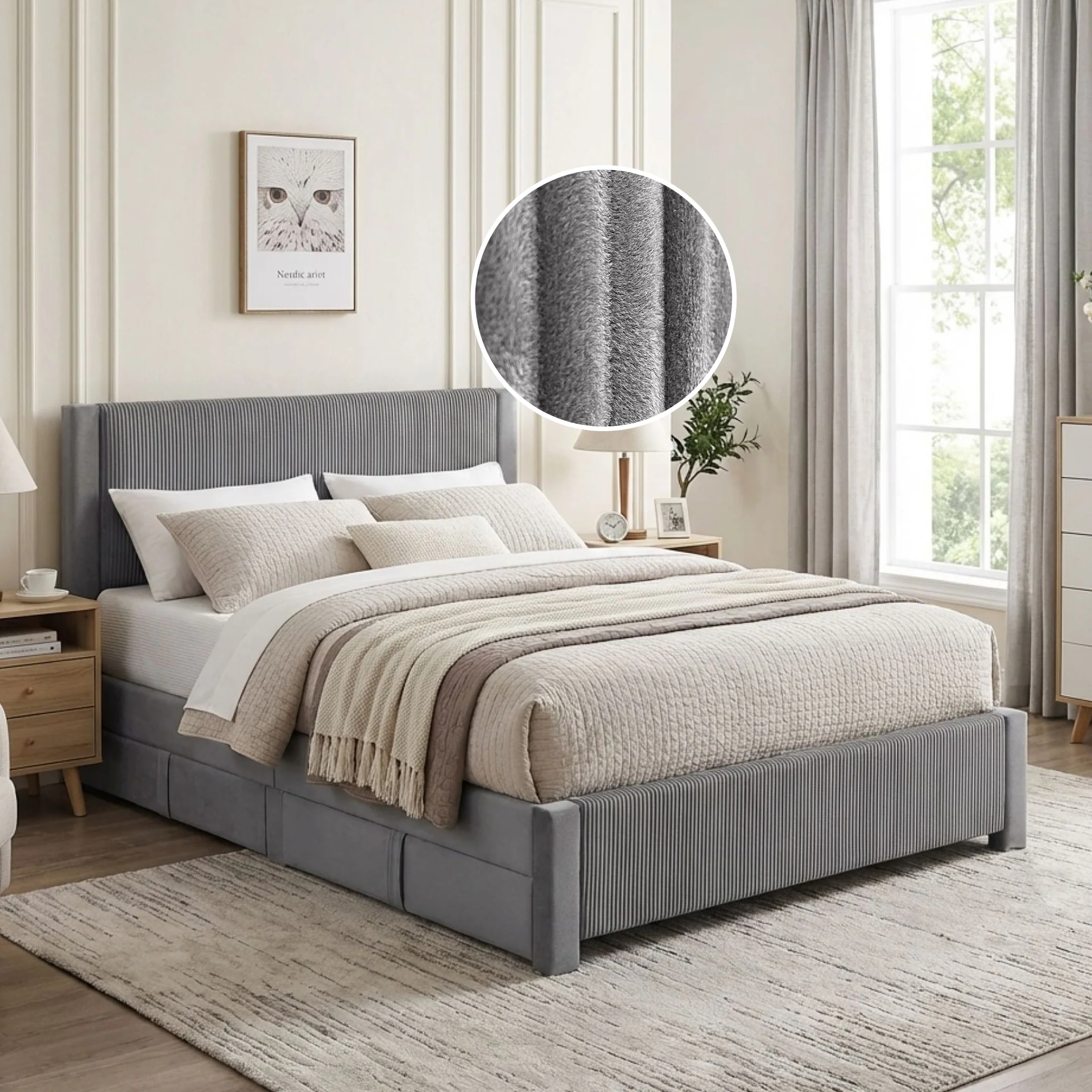 Gower Velvet Queen Bed Frame with 4 Drawers - Grey - Image 2