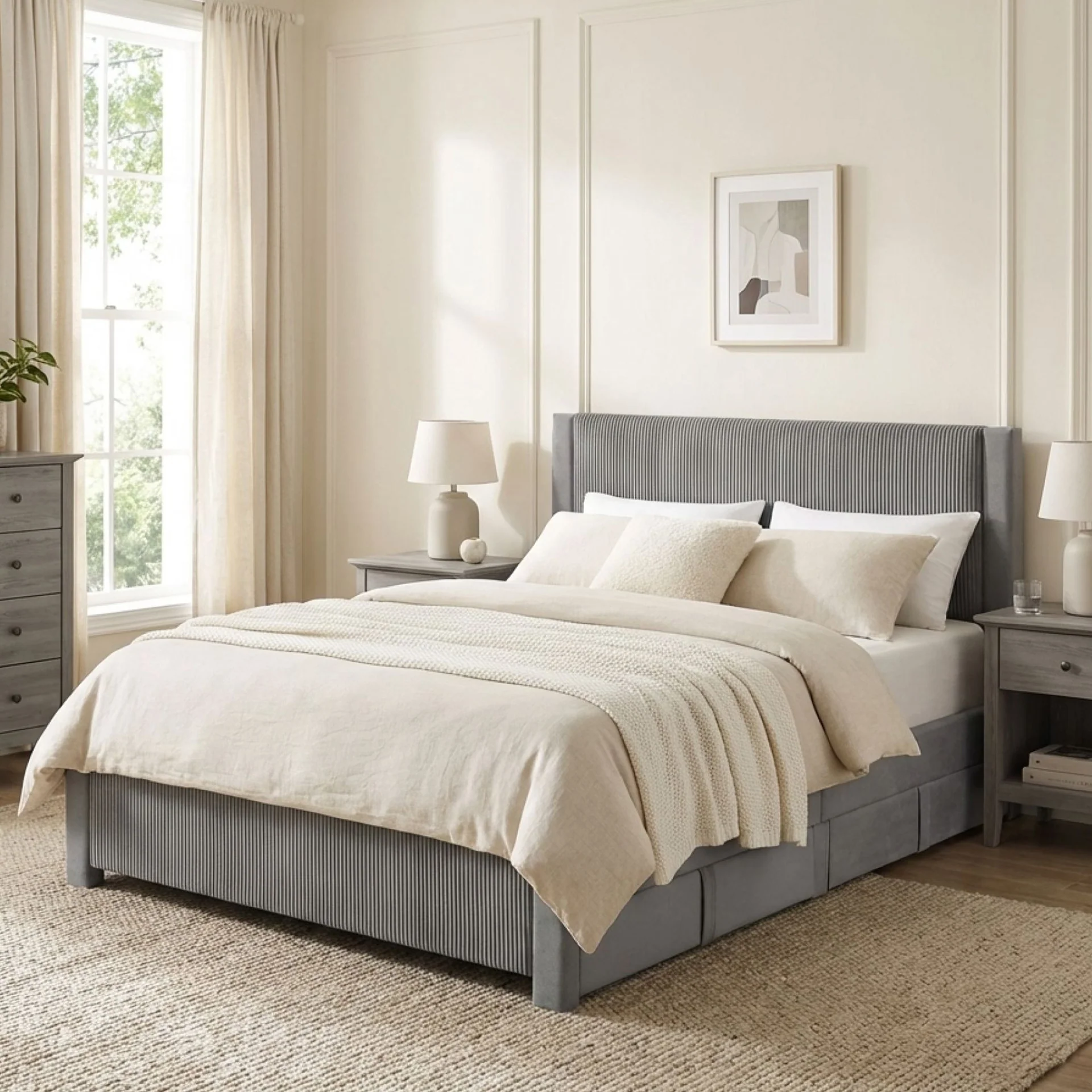 Gower Velvet Queen Bed Frame with 4 Drawers - Grey - Image 3