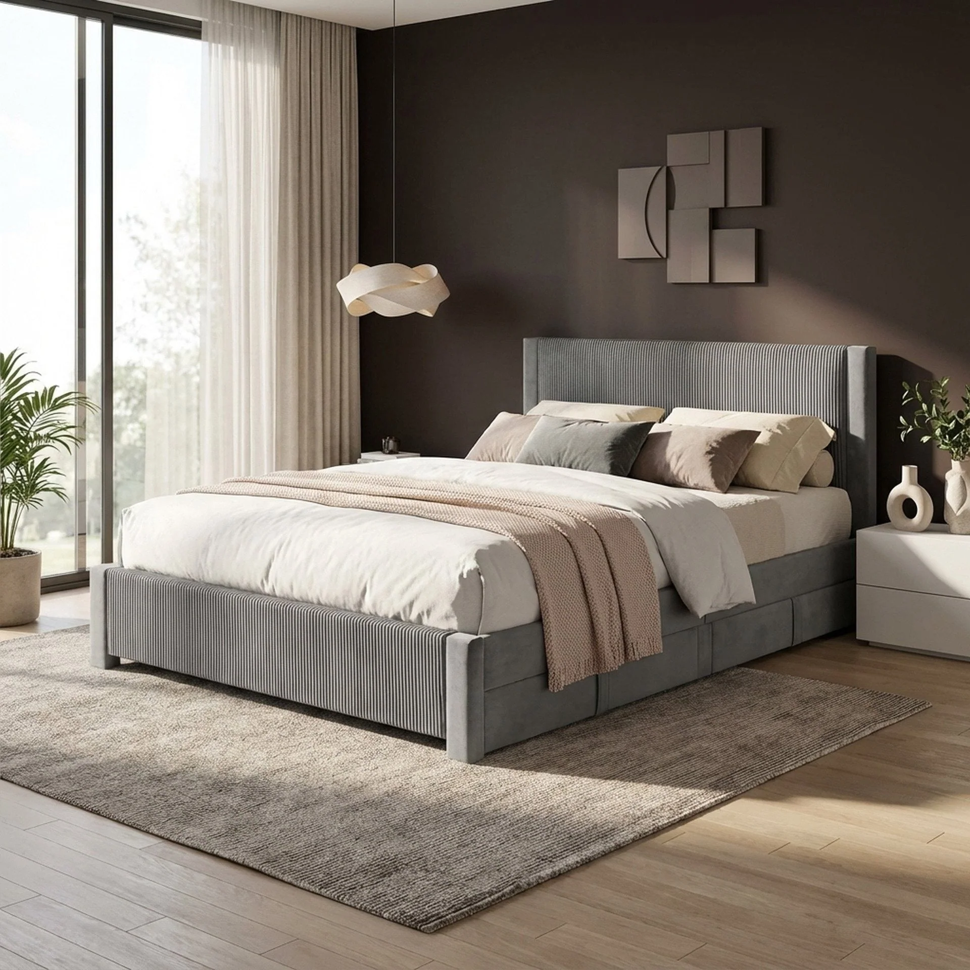 Gower Velvet Super King Bed Frame with 4 Drawers - Grey - Image 4