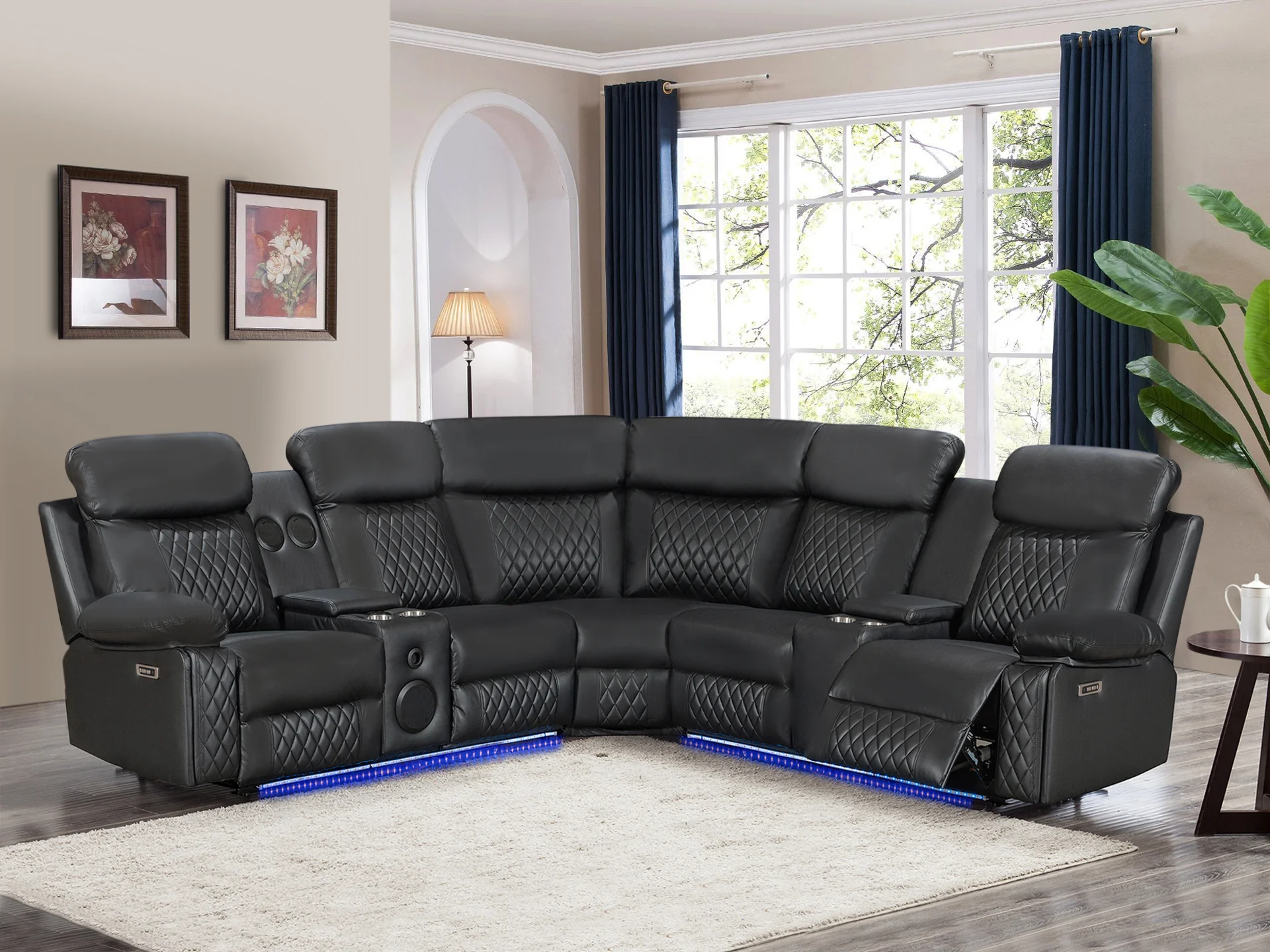 Grovetown Electric Recliner Corner Sofa with LED and Speaker - Black