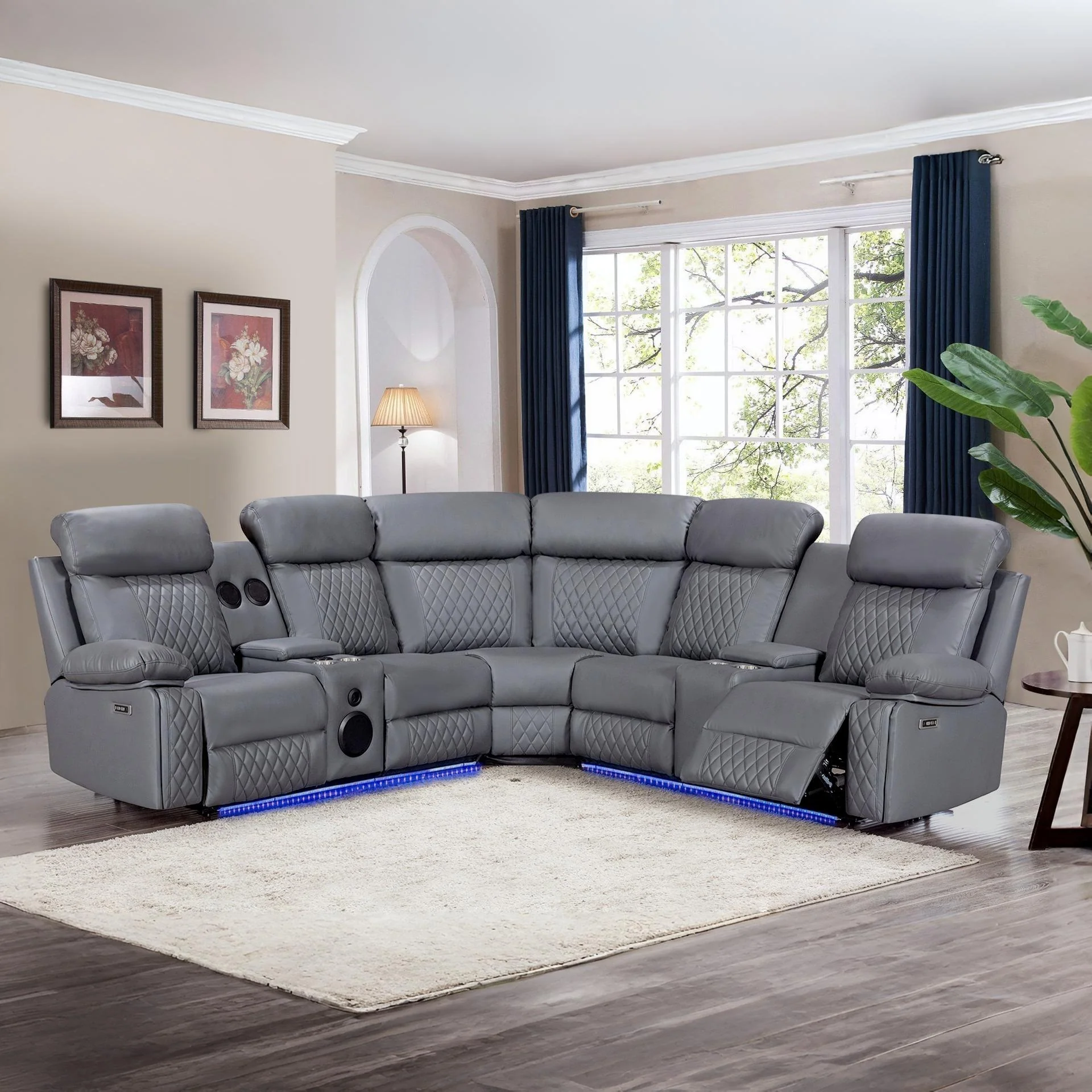 Grovetown Electric Recliner Corner Sofa with LED and Speaker - Grey