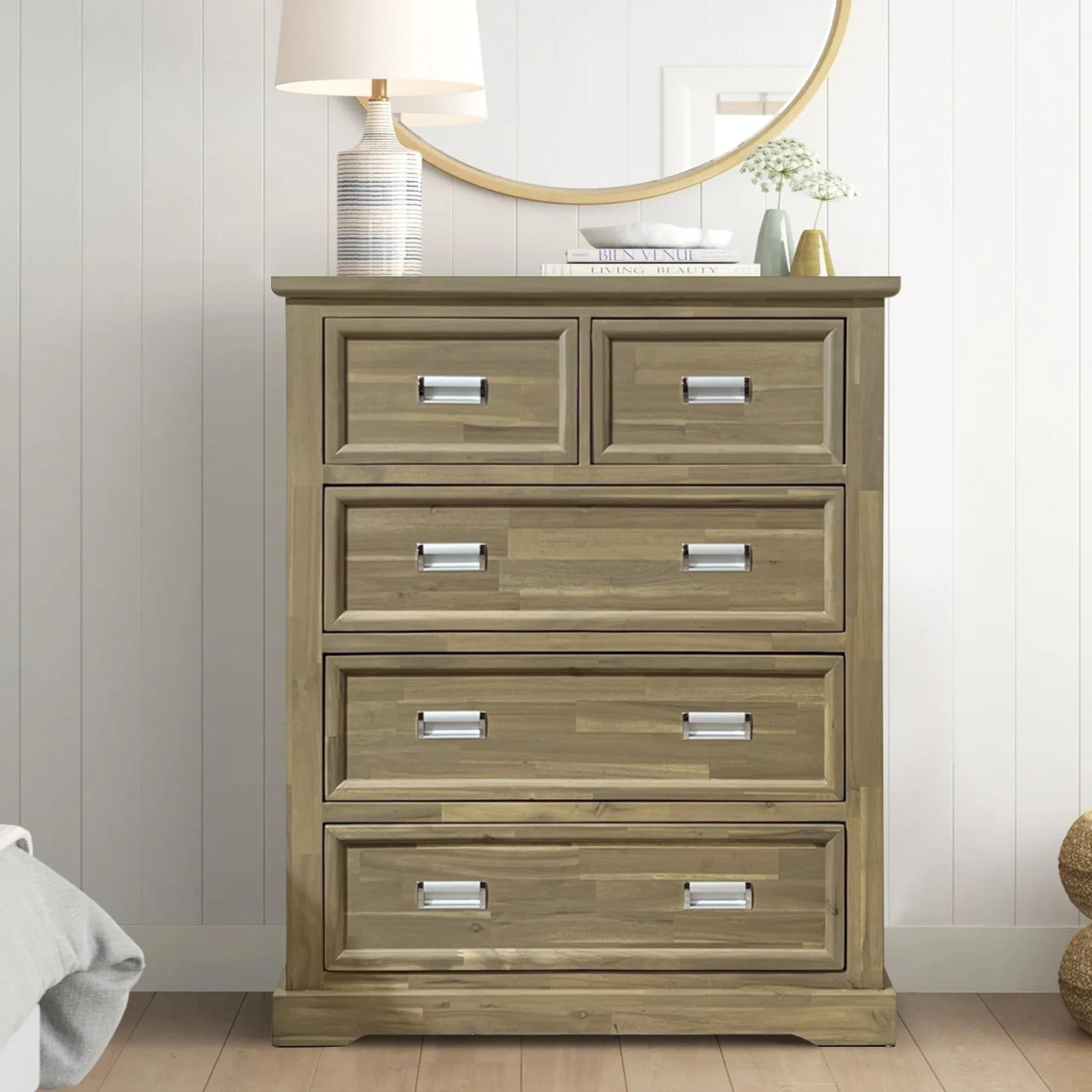 Hadley Solid Acacia Wood 5 Drawer Tallboy - Emerland Grey
