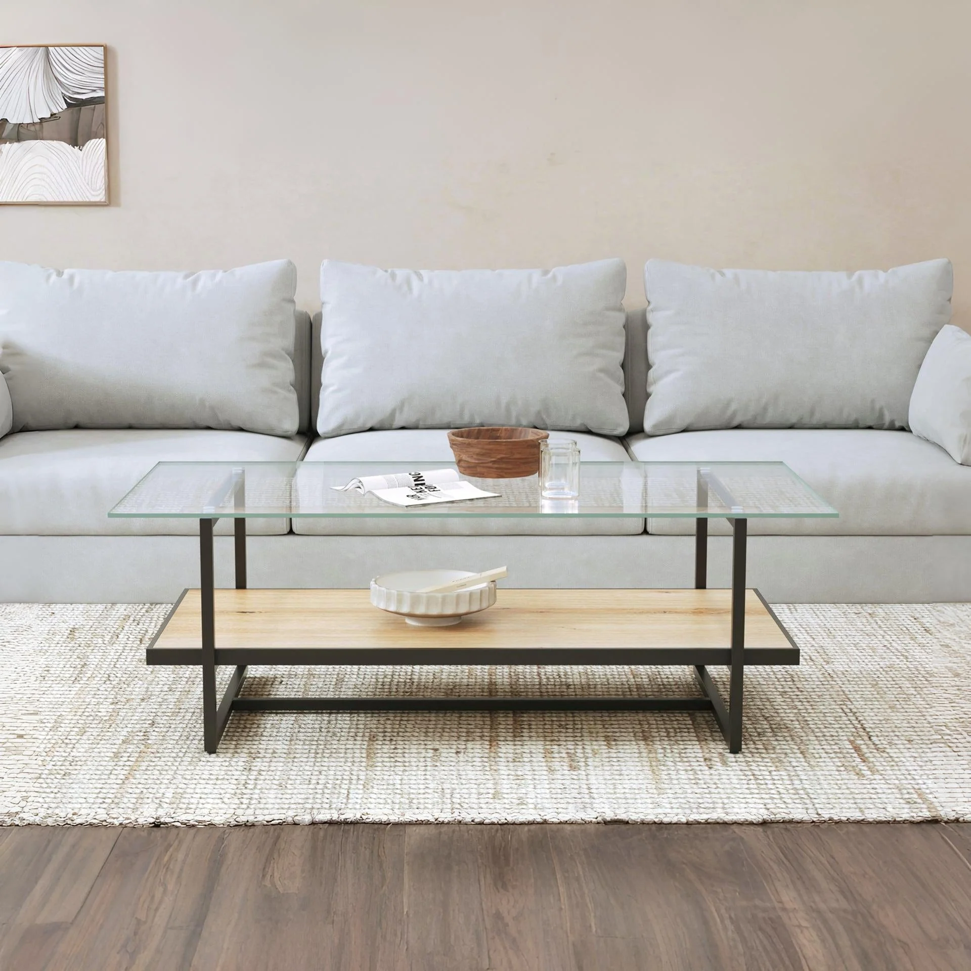 Hala Tempered Glass Top Coffee Table - Oak + Black - Image 2