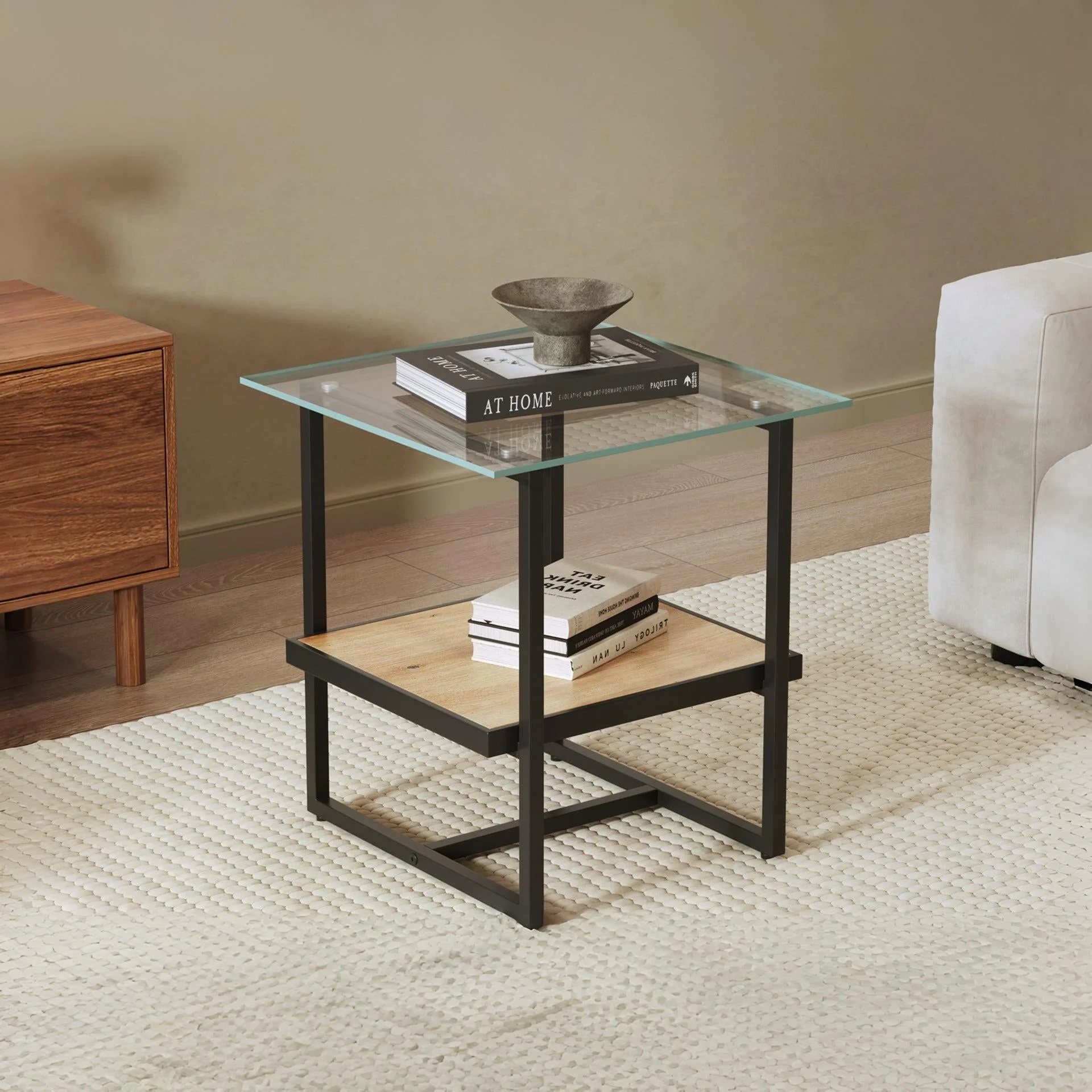 Hala Tempered Glass Top Side Table - Oak + Black