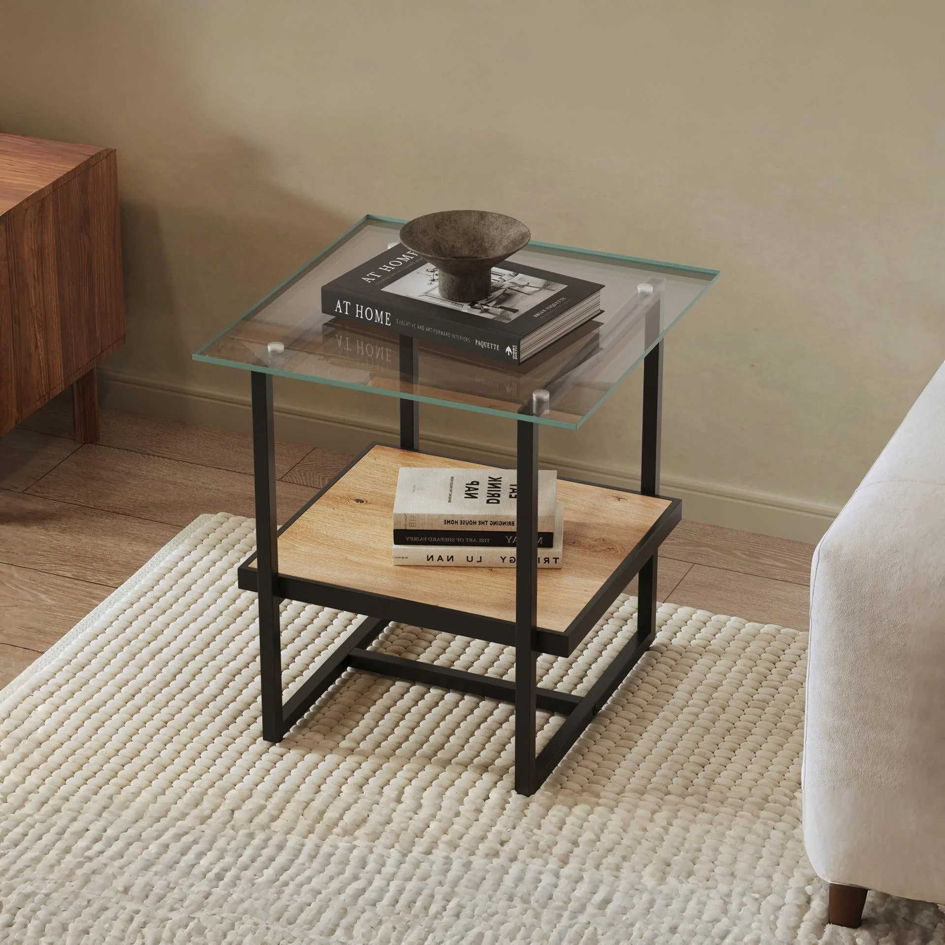 Hala Tempered Glass Top Side Table - Oak + Black - Image 2