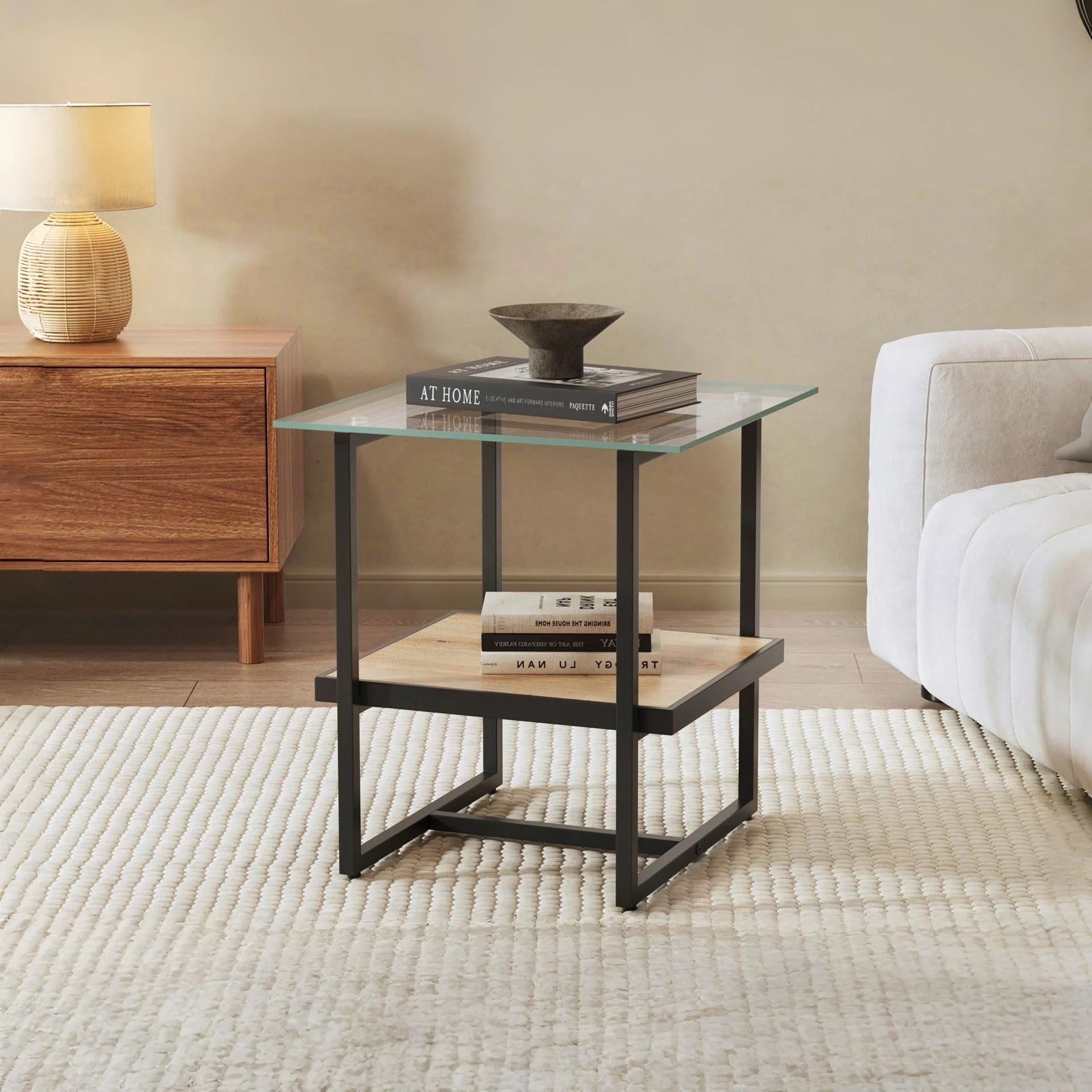 Hala Tempered Glass Top Side Table - Oak + Black - Image 3