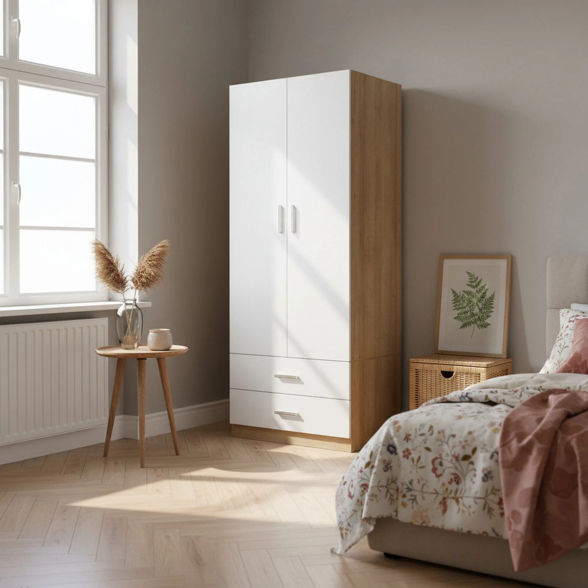 Harris 2 Door Wardrobe with Drawers - Oak + White - Image 4