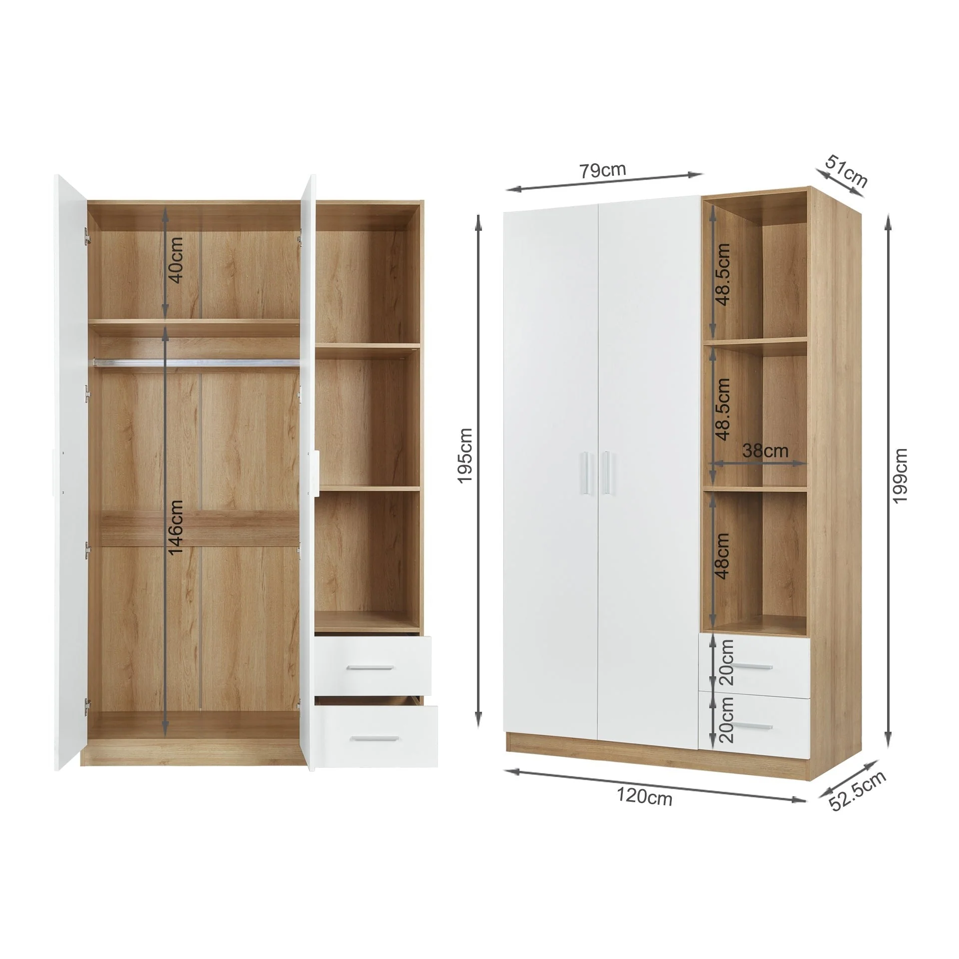 Harris 3 Door Wardrobe with Drawers - Oak + White - Image 10