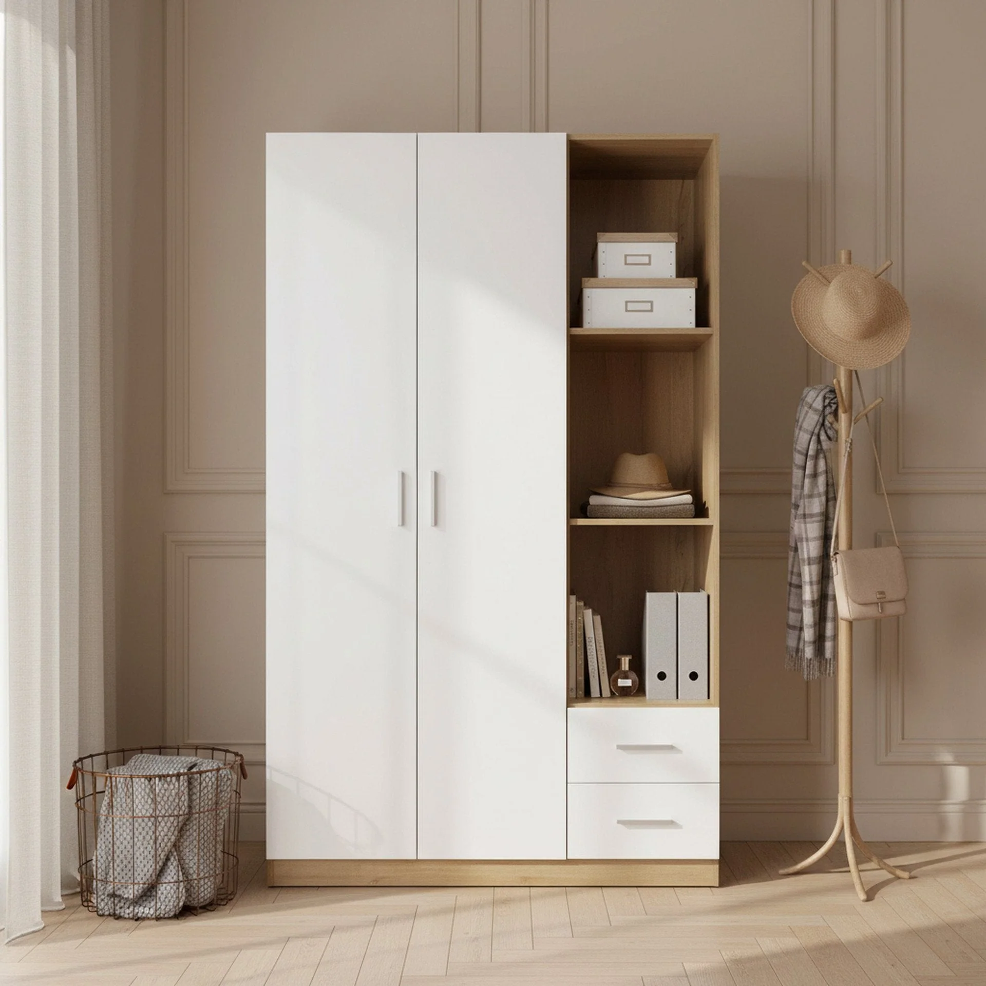 Harris 3 Door Wardrobe with Drawers - Oak + White - Image 4