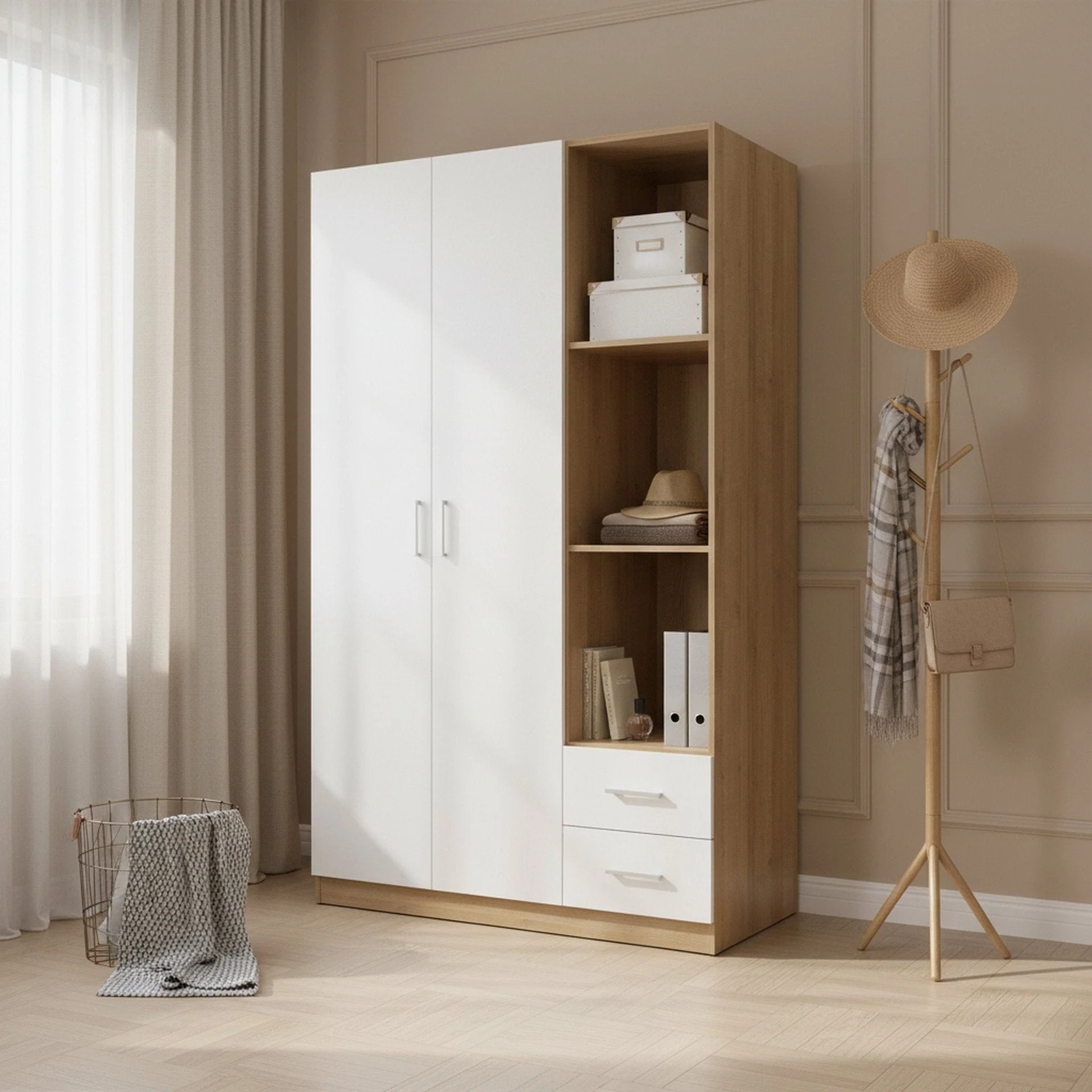 Harris 3 Door Wardrobe with Drawers - Oak + White - Image 5