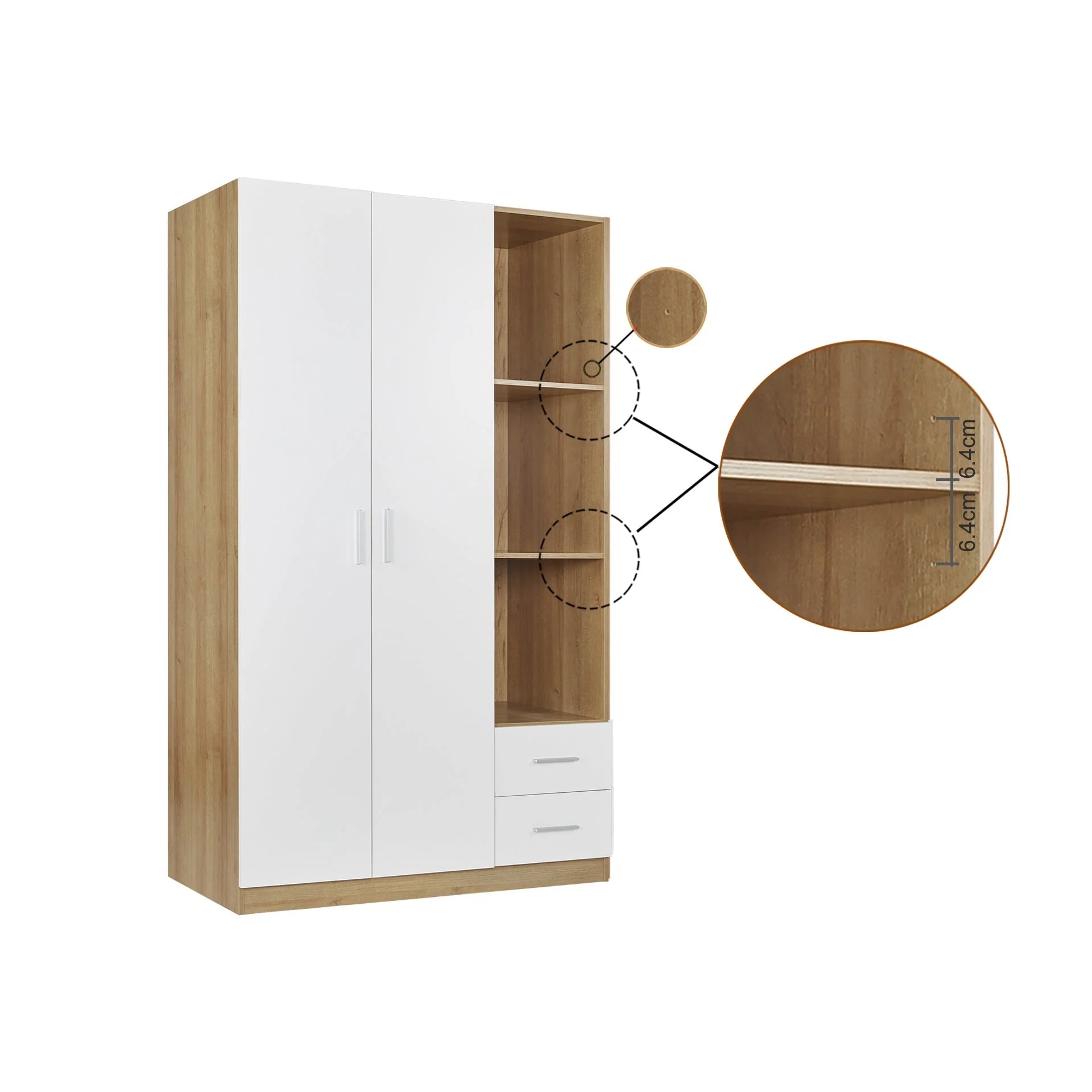 Harris 3 Door Wardrobe with Drawers - Oak + White - Image 9